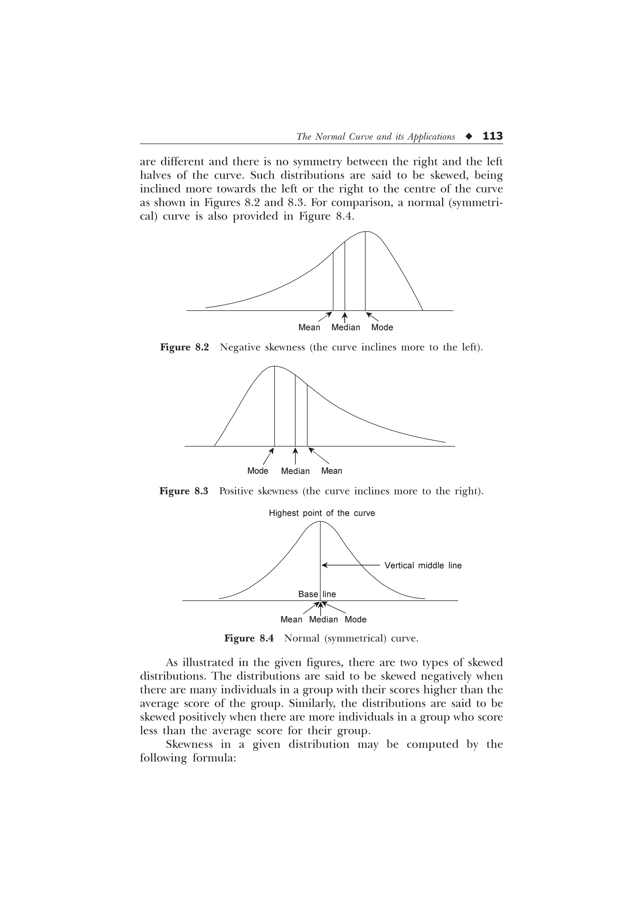 The Normal Curve and its Applications u 113
are different and there is no symmetry between the right and the left
halves of the curve. Such distributions are said to be skewed, being
inclined more towards the left or the right to the centre of the curve
as shown in Figures 8.2 and 8.3. For comparison, a normal (symmetri-
cal) curve is also provided in Figure 8.4.
Mean Median Mode
Figure 8.2 Negative skewness (the curve inclines more to the left).
Mode Median Mean
Figure 8.3 Positive skewness (the curve inclines more to the right).
Mean Median Mode
Base line
Vertical middle line
Figure 8.4 Normal (symmetrical) curve.
As illustrated in the given figures, there are two types of skewed
distributions. The distributions are said to be skewed negatively when
there are many individuals in a group with their scores higher than the
average score of the group. Similarly, the distributions are said to be
skewed positively when there are more individuals in a group who score
less than the average score for their group.
Skewness in a given distribution may be computed by the
following formula:
Highest point of the curve
 
