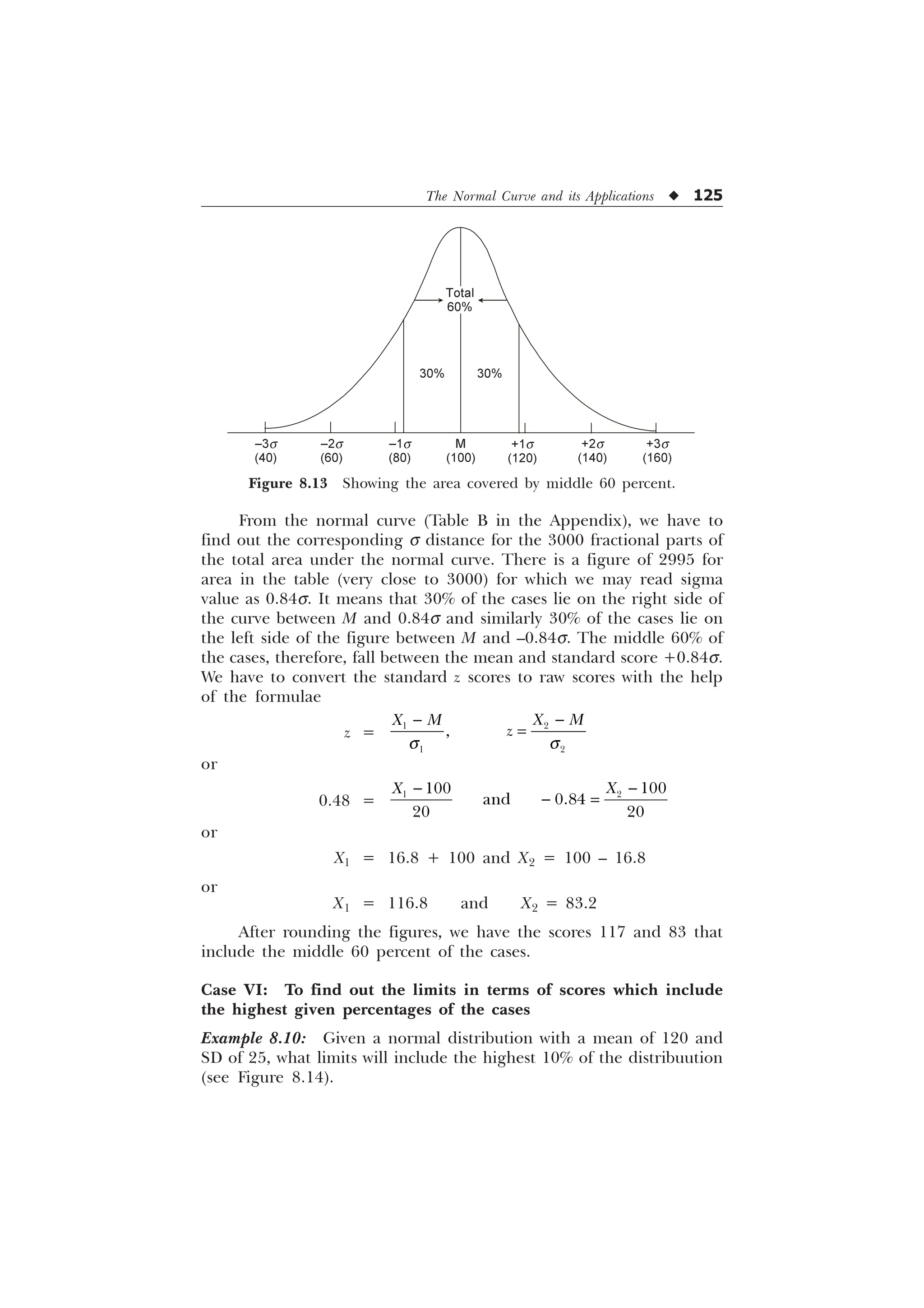 The Normal Curve and its Applications u 125
From the normal curve (Table B in the Appendix), we have to
find out the corresponding s distance for the 3000 fractional parts of
the total area under the normal curve. There is a figure of 2995 for
area in the table (very close to 3000) for which we may read sigma
value as 0.84s. It means that 30% of the cases lie on the right side of
the curve between M and 0.84s and similarly 30% of the cases lie on
the left side of the figure between M and –0.84s. The middle 60% of
the cases, therefore, fall between the mean and standard score +0.84s.
We have to convert the standard z scores to raw scores with the help
of the formulae
z =
T T

 

 

; 0
; 0
]
or
0.48 =


 
 

DQG 
 
;
;
or
X1 = 16.8 + 100 and X2 = 100 – 16.8
or
X1 = 116.8 and X2 = 83.2
After rounding the figures, we have the scores 117 and 83 that
include the middle 60 percent of the cases.
Case VI: To find out the limits in terms of scores which include
the highest given percentages of the cases
Example 8.10: Given a normal distribution with a mean of 120 and
SD of 25, what limits will include the highest 10% of the distribuution
(see Figure 8.14).
Figure 8.13 Showing the area covered by middle 60 percent.
+1s
(120)
+2s
(140)
+3s
(160)
M
(100)
–1s
(80)
–2s
(60)
–3s
(40)
30% 30%
Total
60%
 