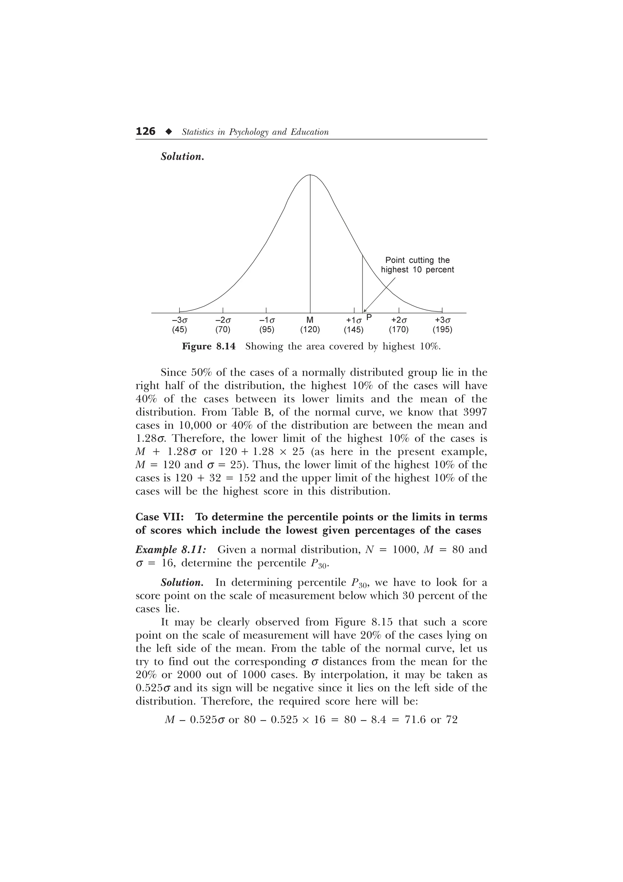 126 u Statistics in Psychology and Education
Since 50% of the cases of a normally distributed group lie in the
right half of the distribution, the highest 10% of the cases will have
40% of the cases between its lower limits and the mean of the
distribution. From Table B, of the normal curve, we know that 3997
cases in 10,000 or 40% of the distribution are between the mean and
1.28s. Therefore, the lower limit of the highest 10% of the cases is
M + 1.28s or 120 + 1.28 ´ 25 (as here in the present example,
M = 120 and s = 25). Thus, the lower limit of the highest 10% of the
cases is 120 + 32 = 152 and the upper limit of the highest 10% of the
cases will be the highest score in this distribution.
Case VII: To determine the percentile points or the limits in terms
of scores which include the lowest given percentages of the cases
Example 8.11: Given a normal distribution, N = 1000, M = 80 and
s = 16, determine the percentile P30.
Solution. In determining percentile P30, we have to look for a
score point on the scale of measurement below which 30 percent of the
cases lie.
It may be clearly observed from Figure 8.15 that such a score
point on the scale of measurement will have 20% of the cases lying on
the left side of the mean. From the table of the normal curve, let us
try to find out the corresponding s distances from the mean for the
20% or 2000 out of 1000 cases. By interpolation, it may be taken as
0.525s and its sign will be negative since it lies on the left side of the
distribution. Therefore, the required score here will be:
M – 0.525s or 80 – 0.525 ´ 16 = 80 – 8.4 = 71.6 or 72
Solution.
+1s
(145)
+2s
(170)
+3s
(195)
M
(120)
–1s
(95)
–2s
(70)
–3s
(45)
Point cutting the
highest 10 percent
P
Figure 8.14 Showing the area covered by highest 10%.
 
