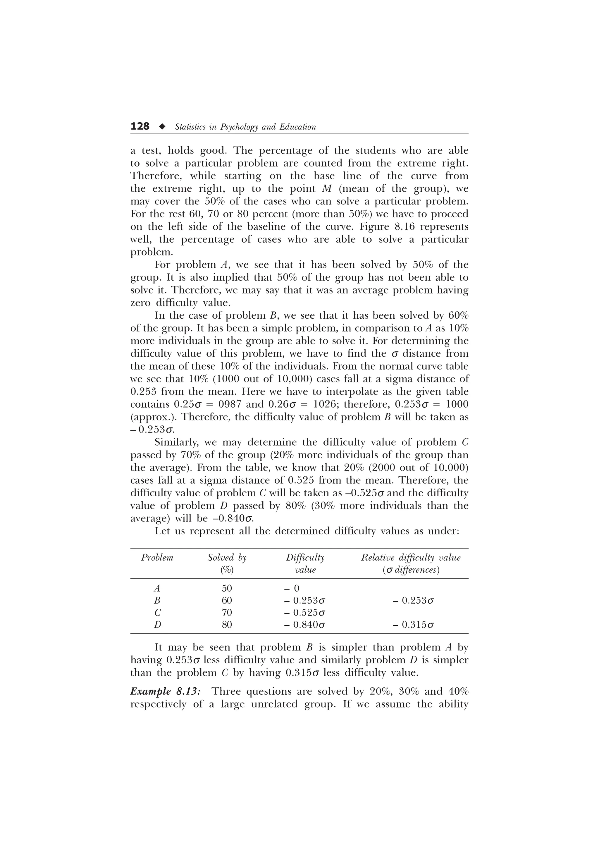 128 u Statistics in Psychology and Education
a test, holds good. The percentage of the students who are able
to solve a particular problem are counted from the extreme right.
Therefore, while starting on the base line of the curve from
the extreme right, up to the point M (mean of the group), we
may cover the 50% of the cases who can solve a particular problem.
For the rest 60, 70 or 80 percent (more than 50%) we have to proceed
on the left side of the baseline of the curve. Figure 8.16 represents
well, the percentage of cases who are able to solve a particular
problem.
For problem A, we see that it has been solved by 50% of the
group. It is also implied that 50% of the group has not been able to
solve it. Therefore, we may say that it was an average problem having
zero difficulty value.
In the case of problem B, we see that it has been solved by 60%
of the group. It has been a simple problem, in comparison to A as 10%
more individuals in the group are able to solve it. For determining the
difficulty value of this problem, we have to find the s distance from
the mean of these 10% of the individuals. From the normal curve table
we see that 10% (1000 out of 10,000) cases fall at a sigma distance of
0.253 from the mean. Here we have to interpolate as the given table
contains 0.25s = 0987 and 0.26s = 1026; therefore, 0.253s = 1000
(approx.). Therefore, the difficulty value of problem B will be taken as
– 0.253s.
Similarly, we may determine the difficulty value of problem C
passed by 70% of the group (20% more individuals of the group than
the average). From the table, we know that 20% (2000 out of 10,000)
cases fall at a sigma distance of 0.525 from the mean. Therefore, the
difficulty value of problem C will be taken as –0.525s and the difficulty
value of problem D passed by 80% (30% more individuals than the
average) will be –0.840s.
Let us represent all the determined difficulty values as under:
Problem Solved by Difficulty Relative difficulty value
(%) value (s differences)
A 50 – 0
B 60 – 0.253s – 0.253s
C 70 – 0.525s
D 80 – 0.840s – 0.315s
It may be seen that problem B is simpler than problem A by
having 0.253s less difficulty value and similarly problem D is simpler
than the problem C by having 0.315s less difficulty value.
Example 8.13: Three questions are solved by 20%, 30% and 40%
respectively of a large unrelated group. If we assume the ability
 