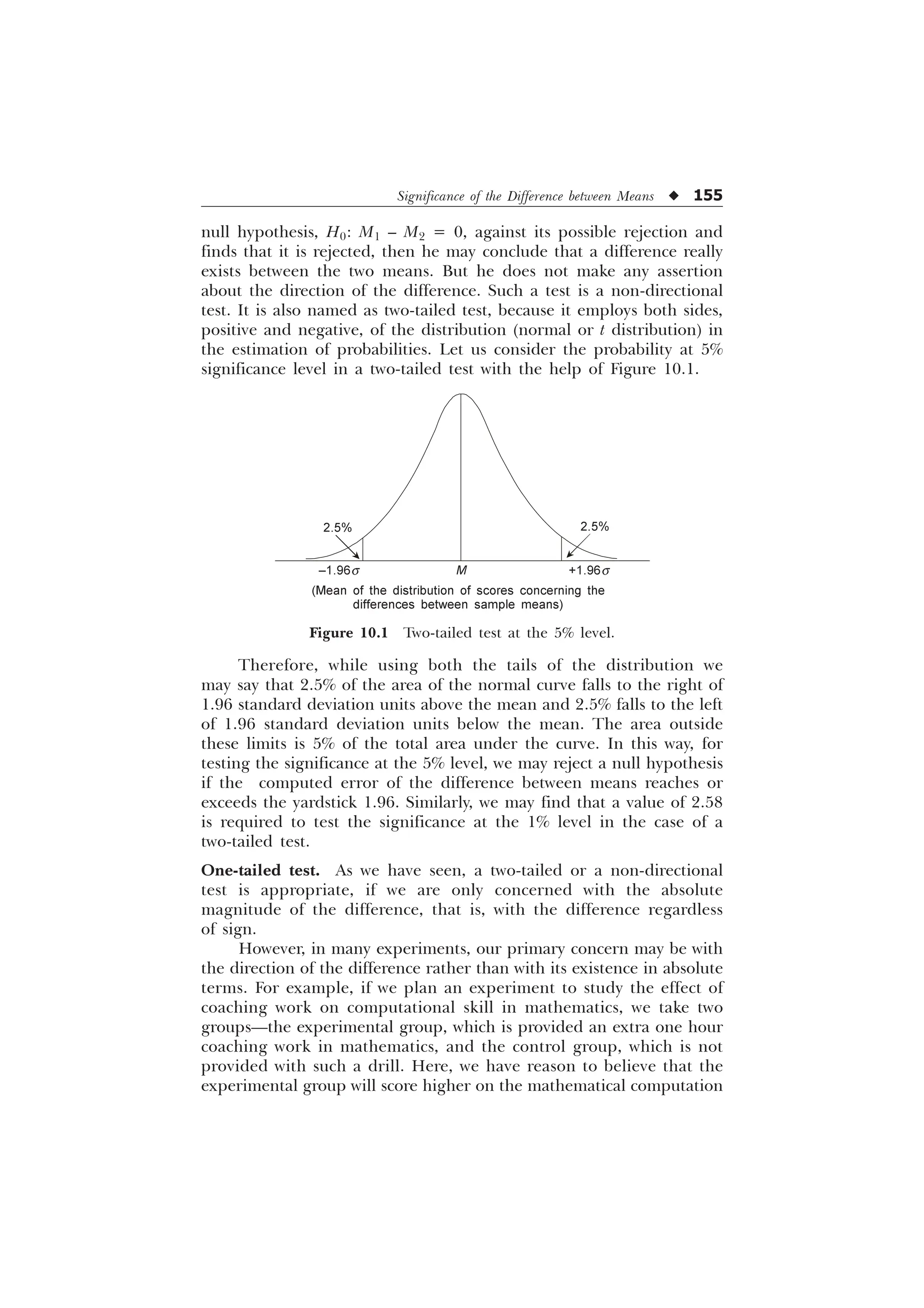 Significance of the Difference between Means u 155
null hypothesis, H0: M1 – M2 = 0, against its possible rejection and
finds that it is rejected, then he may conclude that a difference really
exists between the two means. But he does not make any assertion
about the direction of the difference. Such a test is a non-directional
test. It is also named as two-tailed test, because it employs both sides,
positive and negative, of the distribution (normal or t distribution) in
the estimation of probabilities. Let us consider the probability at 5%
significance level in a two-tailed test with the help of Figure 10.1.
Therefore, while using both the tails of the distribution we
may say that 2.5% of the area of the normal curve falls to the right of
1.96 standard deviation units above the mean and 2.5% falls to the left
of 1.96 standard deviation units below the mean. The area outside
these limits is 5% of the total area under the curve. In this way, for
testing the significance at the 5% level, we may reject a null hypothesis
if the computed error of the difference between means reaches or
exceeds the yardstick 1.96. Similarly, we may find that a value of 2.58
is required to test the significance at the 1% level in the case of a
two-tailed test.
One-tailed test. As we have seen, a two-tailed or a non-directional
test is appropriate, if we are only concerned with the absolute
magnitude of the difference, that is, with the difference regardless
of sign.
However, in many experiments, our primary concern may be with
the direction of the difference rather than with its existence in absolute
terms. For example, if we plan an experiment to study the effect of
coaching work on computational skill in mathematics, we take two
groups—the experimental group, which is provided an extra one hour
coaching work in mathematics, and the control group, which is not
provided with such a drill. Here, we have reason to believe that the
experimental group will score higher on the mathematical computation
2.5%
–1.96s M
2.5%
+1.96s
Figure 10.1 Two-tailed test at the 5% level.
(Mean of the distribution of scores concerning the
differences between sample means)
 