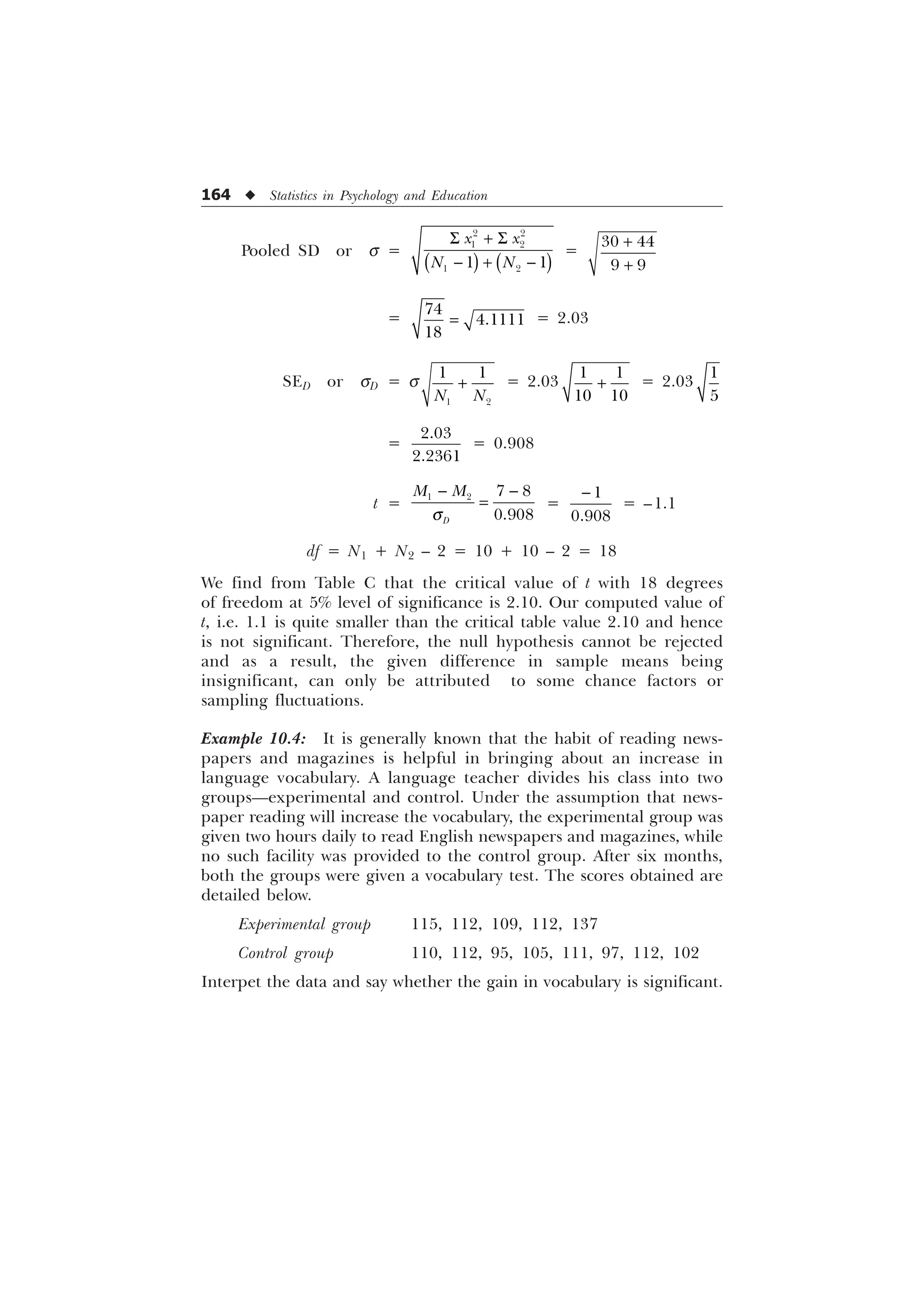 164 u Statistics in Psychology and Education
Pooled SD or s =
6  6
  
 
 
 
 
[ [
1 1
=
 
 


=



= 2.03
SED or sD = s
 
 
1 1
 = 2.03
 
 
 = 2.03


=


= 0.908
t =
   

'
0 0
T
 
=



= –1.1
df = N1 + N2 – 2 = 10 + 10 – 2 = 18
We find from Table C that the critical value of t with 18 degrees
of freedom at 5% level of significance is 2.10. Our computed value of
t, i.e. 1.1 is quite smaller than the critical table value 2.10 and hence
is not significant. Therefore, the null hypothesis cannot be rejected
and as a result, the given difference in sample means being
insignificant, can only be attributed to some chance factors or
sampling fluctuations.
Example 10.4: It is generally known that the habit of reading news-
papers and magazines is helpful in bringing about an increase in
language vocabulary. A language teacher divides his class into two
groups—experimental and control. Under the assumption that news-
paper reading will increase the vocabulary, the experimental group was
given two hours daily to read English newspapers and magazines, while
no such facility was provided to the control group. After six months,
both the groups were given a vocabulary test. The scores obtained are
detailed below.
Experimental group 115, 112, 109, 112, 137
Control group 110, 112, 95, 105, 111, 97, 112, 102
Interpet the data and say whether the gain in vocabulary is significant.
 
