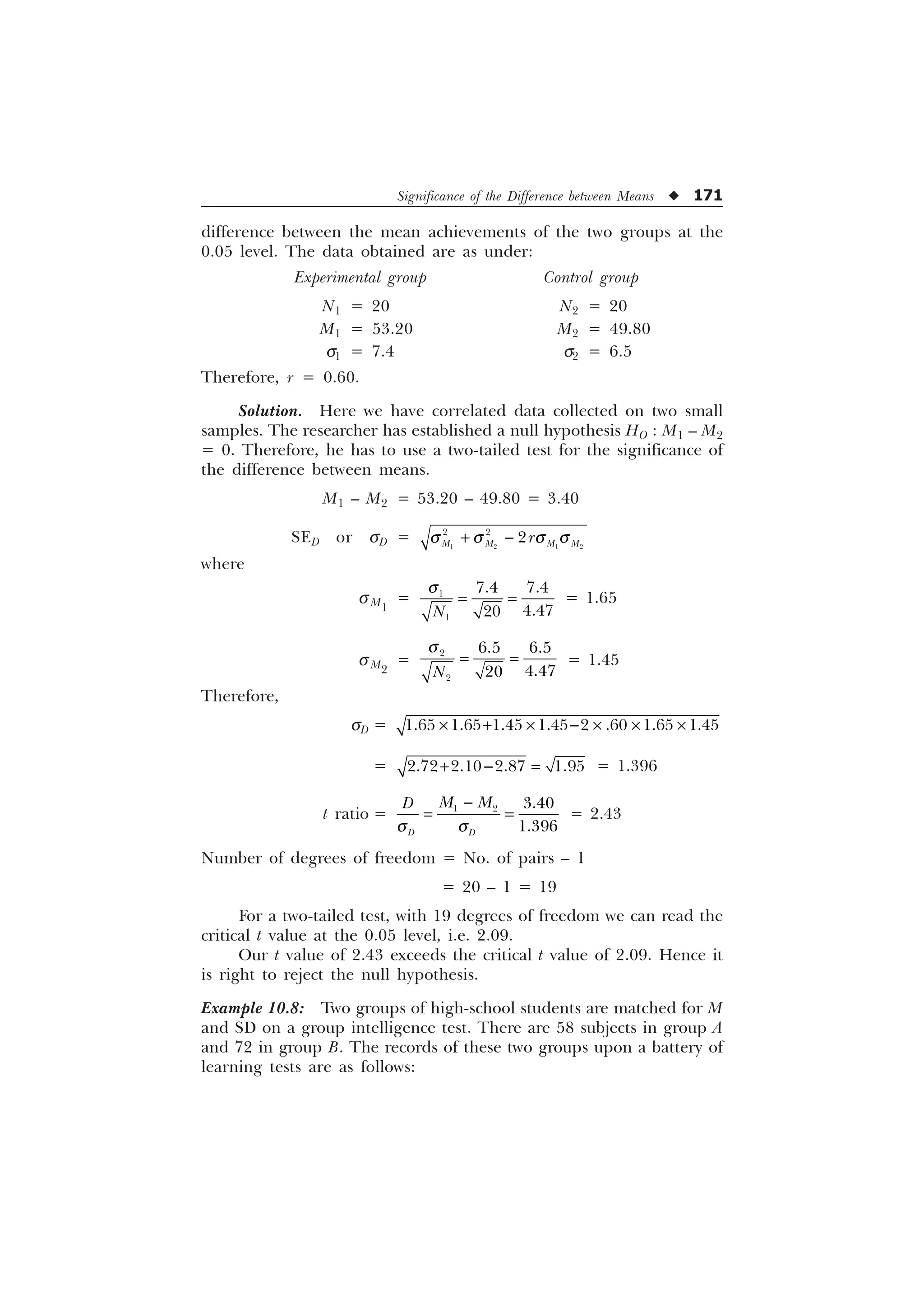 Significance of the Difference between Means u 171
difference between the mean achievements of the two groups at the
0.05 level. The data obtained are as under:
Experimental group Control group
N1 = 20 N2 = 20
M1 = 53.20 M2 = 49.80
s1 = 7.4 s2 = 6.5
Therefore, r = 0.60.
Solution. Here we have correlated data collected on two small
samples. The researcher has established a null hypothesis HO : M1 – M2
= 0. Therefore, he has to use a two-tailed test for the significance of
the difference between means.
M1 – M2 = 53.20 – 49.80 = 3.40
SED or sD =    
 

0 0 0 0
U
T T T T
 
where
sM1
= 

 


1
T
= 1.65
sM2
=


 


1
T
= 1.45
Therefore,
sD = –  –  – – –
       
=    
  = 1.396
t ratio =   

' '
0 0
'
T T

= 2.43
Number of degrees of freedom = No. of pairs – 1
= 20 – 1 = 19
For a two-tailed test, with 19 degrees of freedom we can read the
critical t value at the 0.05 level, i.e. 2.09.
Our t value of 2.43 exceeds the critical t value of 2.09. Hence it
is right to reject the null hypothesis.
Example 10.8: Two groups of high-school students are matched for M
and SD on a group intelligence test. There are 58 subjects in group A
and 72 in group B. The records of these two groups upon a battery of
learning tests are as follows:
 