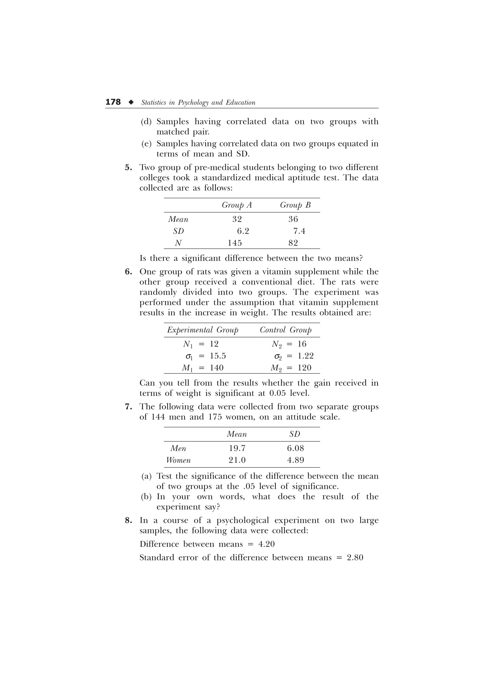 178 u Statistics in Psychology and Education
(d) Samples having correlated data on two groups with
matched pair.
(e) Samples having correlated data on two groups equated in
terms of mean and SD.
5. Two group of pre-medical students belonging to two different
colleges took a standardized medical aptitude test. The data
collected are as follows:
Group A Group B
Mean 32 36
SD 6.2 7.4
N 145 82
Is there a significant difference between the two means?
6. One group of rats was given a vitamin supplement while the
other group received a conventional diet. The rats were
randomly divided into two groups. The experiment was
performed under the assumption that vitamin supplement
results in the increase in weight. The results obtained are:
Experimental Group Control Group
N1 = 12 N2 = 16
s1 = 15.5 s2 = 1.22
M1 = 140 M2 = 120
Can you tell from the results whether the gain received in
terms of weight is significant at 0.05 level.
7. The following data were collected from two separate groups
of 144 men and 175 women, on an attitude scale.
Mean SD
Men 19.7 6.08
Women 21.0 4.89
(a) Test the significance of the difference between the mean
of two groups at the .05 level of significance.
(b) In your own words, what does the result of the
experiment say?
8. In a course of a psychological experiment on two large
samples, the following data were collected:
Difference between means = 4.20
Standard error of the difference between means = 2.80
 