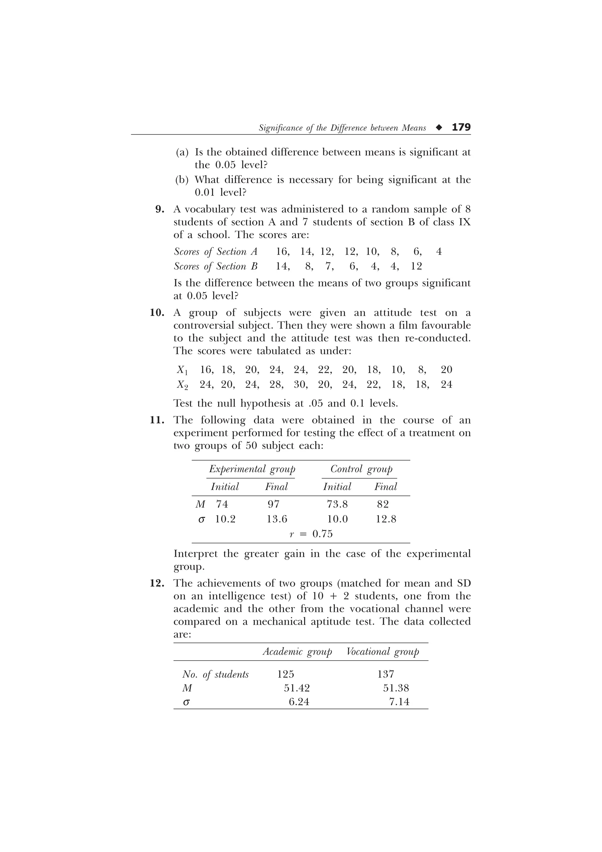 Significance of the Difference between Means u 179
(a) Is the obtained difference between means is significant at
the 0.05 level?
(b) What difference is necessary for being significant at the
0.01 level?
9. A vocabulary test was administered to a random sample of 8
students of section A and 7 students of section B of class IX
of a school. The scores are:
Scores of Section A 16, 14, 12, 12, 10, 8, 6, 4
Scores of Section B 14, 8, 7, 6, 4, 4, 12
Is the difference between the means of two groups significant
at 0.05 level?
10. A group of subjects were given an attitude test on a
controversial subject. Then they were shown a film favourable
to the subject and the attitude test was then re-conducted.
The scores were tabulated as under:
X1 16, 18, 20, 24, 24, 22, 20, 18, 10, 8, 20
X2 24, 20, 24, 28, 30, 20, 24, 22, 18, 18, 24
Test the null hypothesis at .05 and 0.1 levels.
11. The following data were obtained in the course of an
experiment performed for testing the effect of a treatment on
two groups of 50 subject each:
Experimental group Control group
Initial Final Initial Final
M 74 97 73.8 82
s 10.2 13.6 10.0 12.8
r = 0.75
Interpret the greater gain in the case of the experimental
group.
12. The achievements of two groups (matched for mean and SD
on an intelligence test) of 10 + 2 students, one from the
academic and the other from the vocational channel were
compared on a mechanical aptitude test. The data collected
are:
Academic group Vocational group
No. of students 125 137
M 51.42 51.38
s 6.24 7.14
 