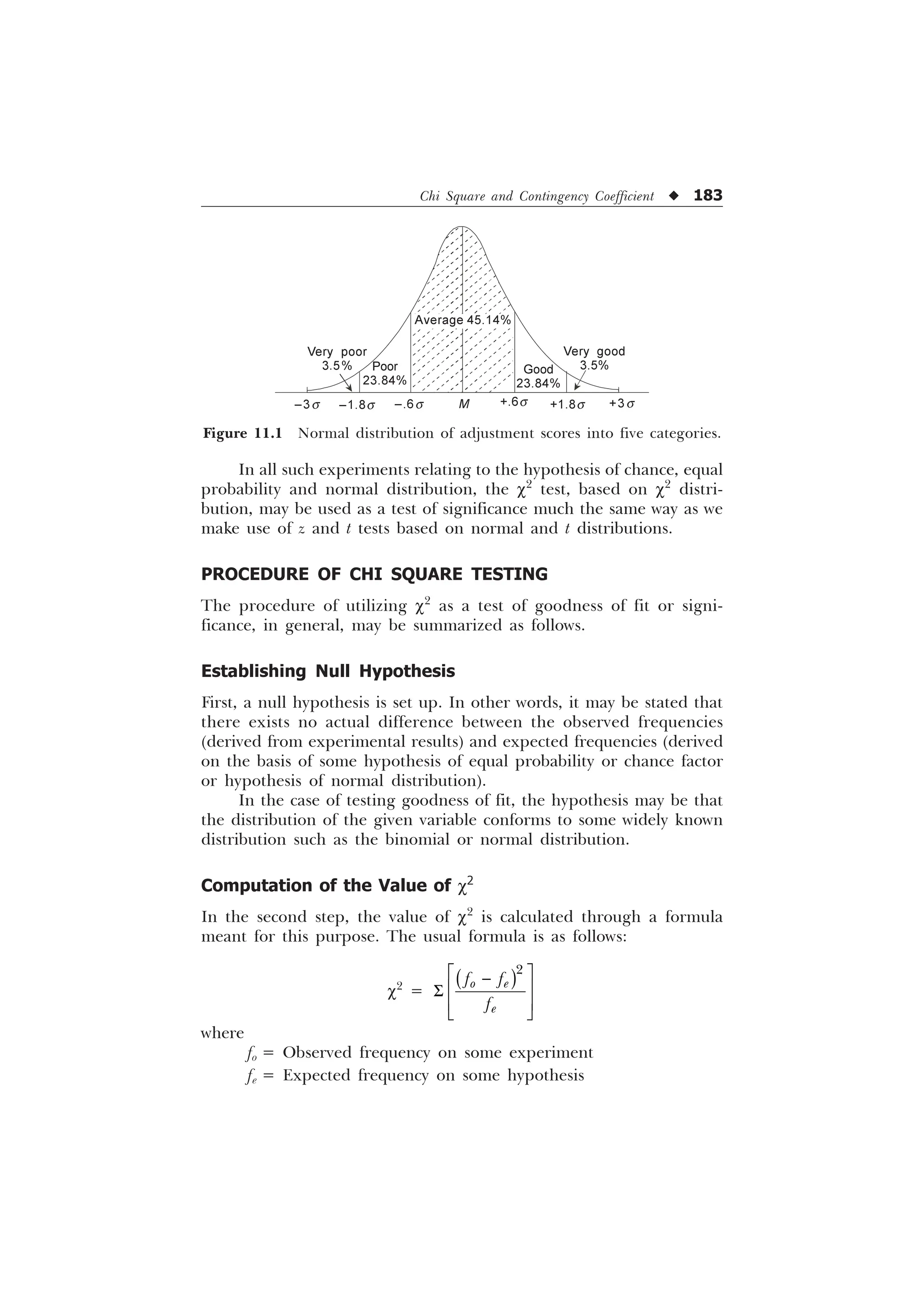Chi Square and Contingency Coefficient u 183
In all such experiments relating to the hypothesis of chance, equal
probability and normal distribution, the c2
test, based on c2
distri-
bution, may be used as a test of significance much the same way as we
make use of z and t tests based on normal and t distributions.
PROCEDURE OF CHI SQUARE TESTING
The procedure of utilizing c2
as a test of goodness of fit or signi-
ficance, in general, may be summarized as follows.
Establishing Null Hypothesis
First, a null hypothesis is set up. In other words, it may be stated that
there exists no actual difference between the observed frequencies
(derived from experimental results) and expected frequencies (derived
on the basis of some hypothesis of equal probability or chance factor
or hypothesis of normal distribution).
In the case of testing goodness of fit, the hypothesis may be that
the distribution of the given variable conforms to some widely known
distribution such as the binomial or normal distribution.
Computation of the Value of c2
In the second step, the value of c2
is calculated through a formula
meant for this purpose. The usual formula is as follows:
c2
=

R H
H
I I
I
Ë Û

Ì Ü
6
Ì Ü
Í Ý
where
fo = Observed frequency on some experiment
fe = Expected frequency on some hypothesis
Figure 11.1 Normal distribution of adjustment scores into five categories.
–3s
Very poor
3.5% Good
23.84%
Very good
3.5%
–1.8s –.6s M +.6s +1.8s +3s
Average 45.14%
Poor
23.84%
 