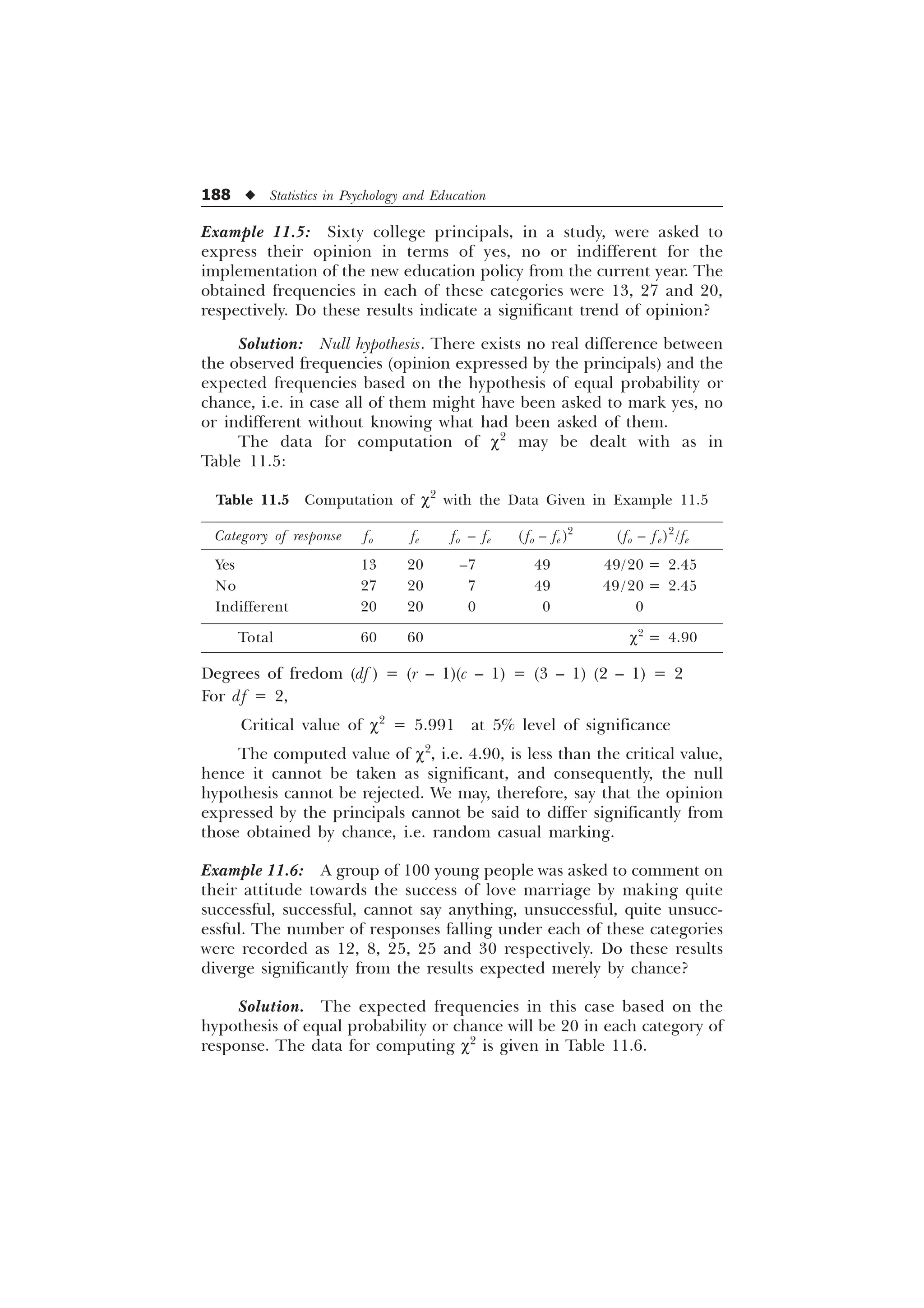 188 u Statistics in Psychology and Education
Example 11.5: Sixty college principals, in a study, were asked to
express their opinion in terms of yes, no or indifferent for the
implementation of the new education policy from the current year. The
obtained frequencies in each of these categories were 13, 27 and 20,
respectively. Do these results indicate a significant trend of opinion?
Solution: Null hypothesis. There exists no real difference between
the observed frequencies (opinion expressed by the principals) and the
expected frequencies based on the hypothesis of equal probability or
chance, i.e. in case all of them might have been asked to mark yes, no
or indifferent without knowing what had been asked of them.
The data for computation of c2
may be dealt with as in
Table 11.5:
Table 11.5 Computation of c2
with the Data Given in Example 11.5
Category of response fo fe fo – fe ( fo – fe )2
(fo – fe)2
/fe
Yes 13 20 –7 49 49/20 = 2.45
No 27 20 7 49 49 /20 = 2.45
Indifferent 20 20 0 0 0
Total 60 60 c2
= 4.90
Degrees of fredom (df ) = (r – 1)(c – 1) = (3 – 1) (2 – 1) = 2
For df = 2,
Critical value of c2
= 5.991 at 5% level of significance
The computed value of c2
, i.e. 4.90, is less than the critical value,
hence it cannot be taken as significant, and consequently, the null
hypothesis cannot be rejected. We may, therefore, say that the opinion
expressed by the principals cannot be said to differ significantly from
those obtained by chance, i.e. random casual marking.
Example 11.6: A group of 100 young people was asked to comment on
their attitude towards the success of love marriage by making quite
successful, successful, cannot say anything, unsuccessful, quite unsucc-
essful. The number of responses falling under each of these categories
were recorded as 12, 8, 25, 25 and 30 respectively. Do these results
diverge significantly from the results expected merely by chance?
Solution. The expected frequencies in this case based on the
hypothesis of equal probability or chance will be 20 in each category of
response. The data for computing c2
is given in Table 11.6.
 