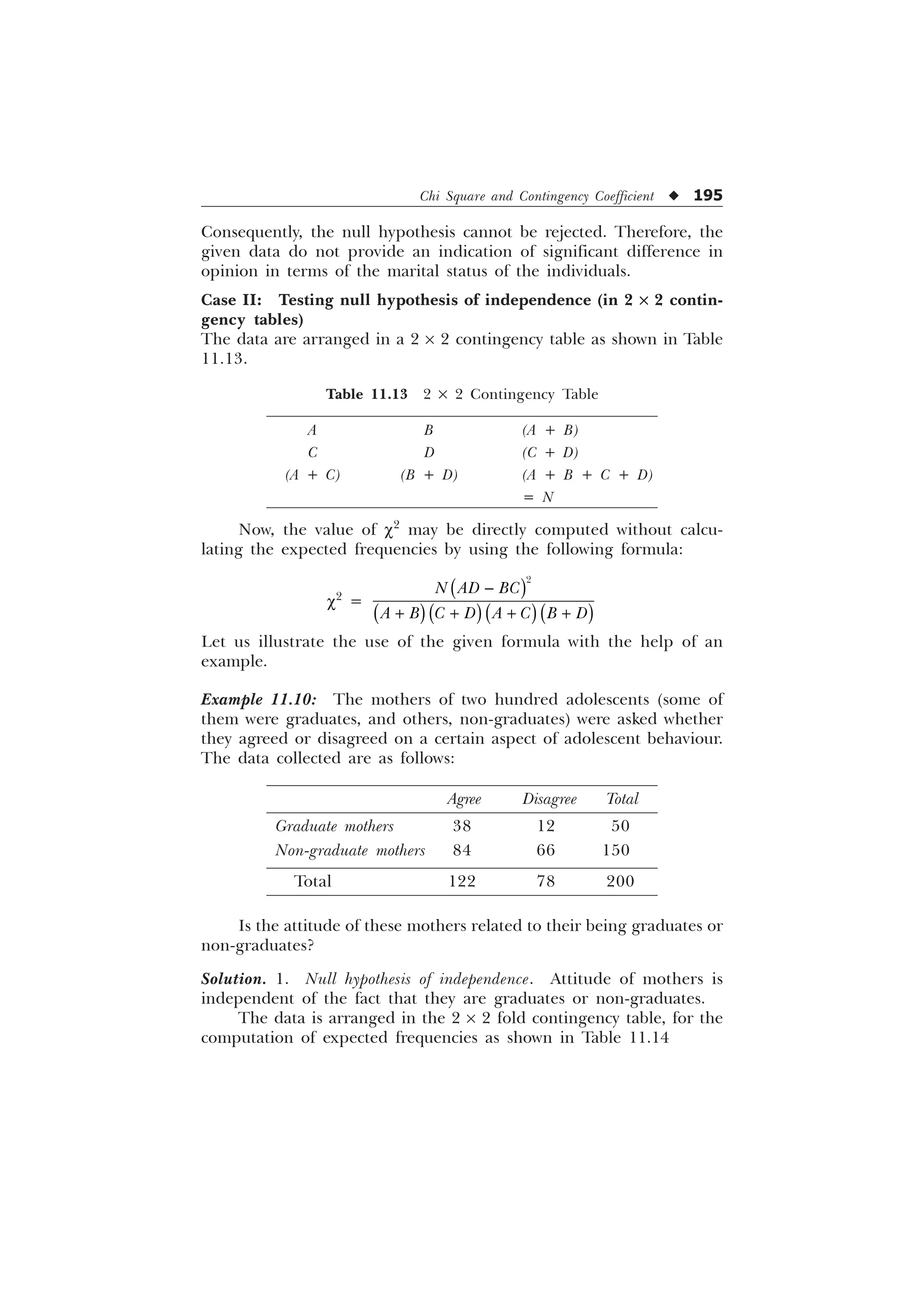 Chi Square and Contingency Coefficient u 195
Consequently, the null hypothesis cannot be rejected. Therefore, the
given data do not provide an indication of significant difference in
opinion in terms of the marital status of the individuals.
Case II: Testing null hypothesis of independence (in 2 ´ 2 contin-
gency tables)
The data are arranged in a 2 ´ 2 contingency table as shown in Table
11.13.
Table 11.13 2 ´ 2 Contingency Table
A B (A + B)
C D (C + D)
(A + C) (B + D) (A + B + C + D)
= N
Now, the value of c2
may be directly computed without calcu-
lating the expected frequencies by using the following formula:
c2
=

   

1 $' %
$ %  ' $  % '
Let us illustrate the use of the given formula with the help of an
example.
Example 11.10: The mothers of two hundred adolescents (some of
them were graduates, and others, non-graduates) were asked whether
they agreed or disagreed on a certain aspect of adolescent behaviour.
The data collected are as follows:
Agree Disagree Total
Graduate mothers 38 12 50
Non-graduate mothers 84 66 150
Total 122 78 200
Is the attitude of these mothers related to their being graduates or
non-graduates?
Solution. 1. Null hypothesis of independence. Attitude of mothers is
independent of the fact that they are graduates or non-graduates.
The data is arranged in the 2 ´ 2 fold contingency table, for the
computation of expected frequencies as shown in Table 11.14
 