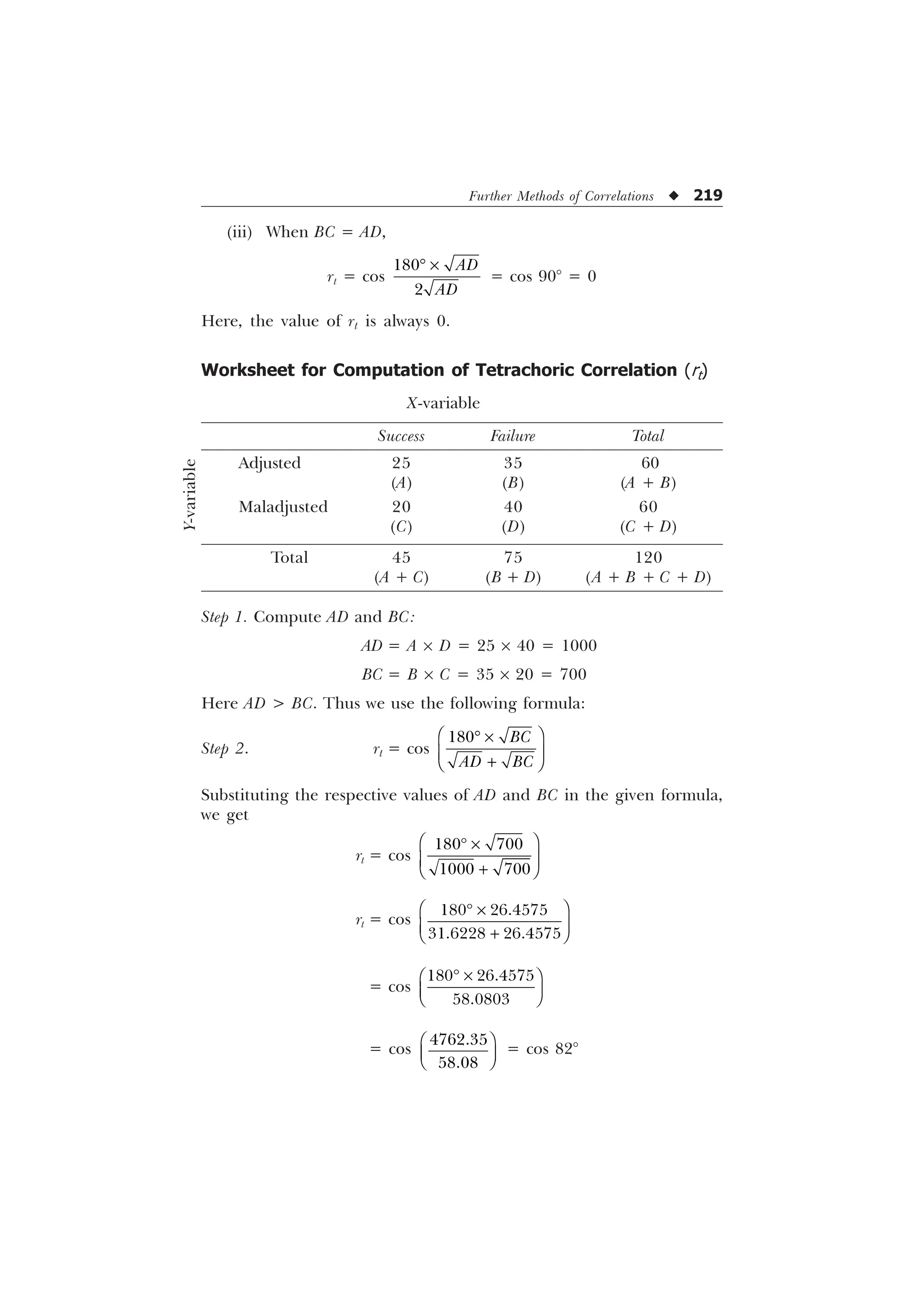 Further Methods of Correlations u 219
(iii) When BC = AD,
rt = cos


$'
$'
’ –
= cos 90° = 0
Here, the value of rt is always 0.
Worksheet for Computation of Tetrachoric Correlation (rt)
X-variable
Success Failure Total
Adjusted 25 35 60
(A) (B) (A + B)
Maladjusted 20 40 60
(C) (D) (C + D)
Total 45 75 120
(A + C) (B + D) (A + B + C + D)
Step 1. Compute AD and BC:
AD = A ´ D = 25 ´ 40 = 1000
BC = B ´ C = 35 ´ 20 = 700
Here AD  BC. Thus we use the following formula:
Step 2. rt = cos
 %
$' %
È Ø
’ –
É Ù

Ê Ú
Substituting the respective values of AD and BC in the given formula,
we get
rt = cos
 
 
È Ø
’ –
É Ù

Ê Ú
rt = cos
 
 
È Ø
’ –
É Ù

Ê Ú
= cos
 

’ –
È Ø
É Ù
Ê Ú
= cos


È Ø
É Ù
Ê Ú
= cos 82°
Y-variable
 