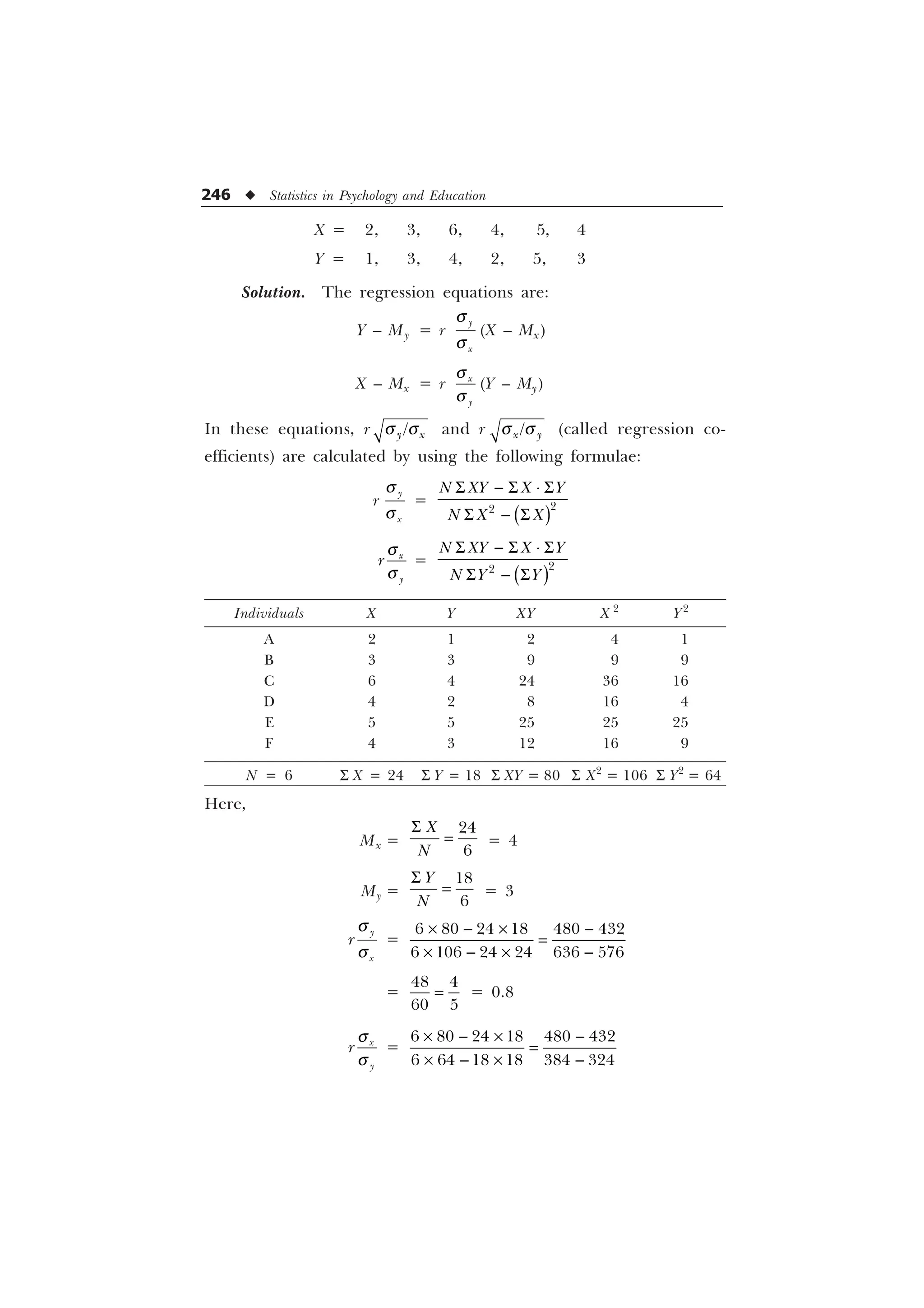 246 u Statistics in Psychology and Education
X = 2, 3, 6, 4, 5, 4
Y = 1, 3, 4, 2, 5, 3
Solution. The regression equations are:
Y – My = r

[
T
T
(X – Mx)
X – Mx = r [

T
T
(Y – My)
In these equations, r T T

 [ and r T T

[  (called regression co-
efficients) are calculated by using the following formulae:
r

[
T
T
=
6  6 ¹ 6
6  6


1 ; ; 
1 ; ;
[

U
T
T
=
6  6 ¹ 6
6  6


1 ; ; 
1  
Individuals X Y XY X 2
Y2
A 2 1 2 4 1
B 3 3 9 9 9
C 6 4 24 36 16
D 4 2 8 16 4
E 5 5 25 25 25
F 4 3 12 16 9
N = 6 S X = 24 S Y = 18 S XY = 80 S X2
= 106 S Y2
= 64
Here,
Mx =
6 

;
1
= 4
My =
6 


1
= 3

[
U
T
T
=
     
     
–  – 
–  – 
=
 
 
= 0.8
[

U
T
T
=
     
     
–  – 
–  – 
 