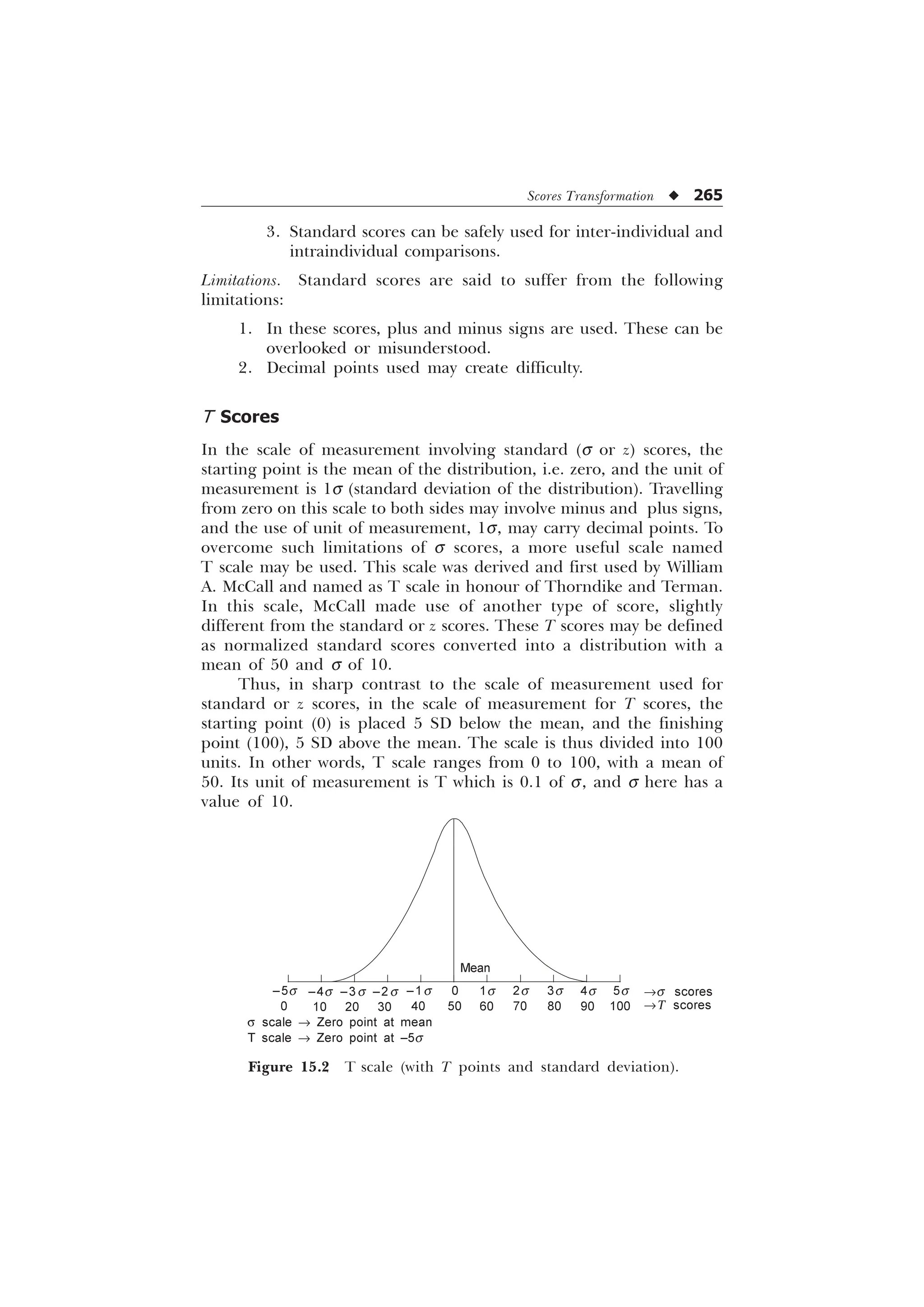 Scores Transformation u 265
3. Standard scores can be safely used for inter-individual and
intraindividual comparisons.
Limitations. Standard scores are said to suffer from the following
limitations:
1. In these scores, plus and minus signs are used. These can be
overlooked or misunderstood.
2. Decimal points used may create difficulty.
T Scores
In the scale of measurement involving standard (s or z) scores, the
starting point is the mean of the distribution, i.e. zero, and the unit of
measurement is 1s (standard deviation of the distribution). Travelling
from zero on this scale to both sides may involve minus and plus signs,
and the use of unit of measurement, 1s, may carry decimal points. To
overcome such limitations of s scores, a more useful scale named
T scale may be used. This scale was derived and first used by William
A. McCall and named as T scale in honour of Thorndike and Terman.
In this scale, McCall made use of another type of score, slightly
different from the standard or z scores. These T scores may be defined
as normalized standard scores converted into a distribution with a
mean of 50 and s of 10.
Thus, in sharp contrast to the scale of measurement used for
standard or z scores, in the scale of measurement for T scores, the
starting point (0) is placed 5 SD below the mean, and the finishing
point (100), 5 SD above the mean. The scale is thus divided into 100
units. In other words, T scale ranges from 0 to 100, with a mean of
50. Its unit of measurement is T which is 0.1 of s, and s here has a
value of 10.
Figure 15.2 T scale (with T points and standard deviation).
–5s –2s –1s 4s
0 1s 3s
s scale ® Zero point at mean
Mean
–4s –3s 2s 5s
0 30 40 90
50 60 80
T scale ® Zero point at –5s
10 20 70 100
®s scores
®T scores
 