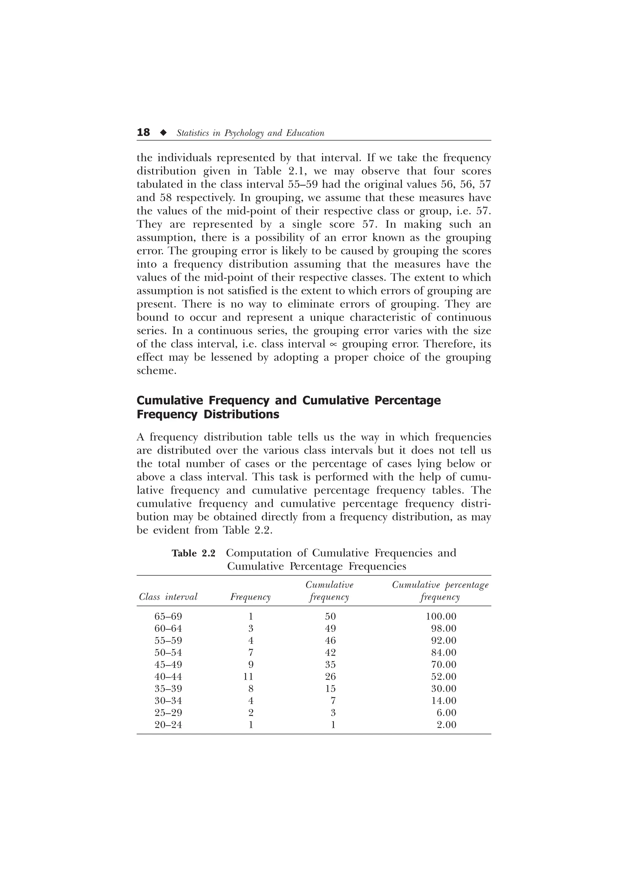 18 u Statistics in Psychology and Education
the individuals represented by that interval. If we take the frequency
distribution given in Table 2.1, we may observe that four scores
tabulated in the class interval 55–59 had the original values 56, 56, 57
and 58 respectively. In grouping, we assume that these measures have
the values of the mid-point of their respective class or group, i.e. 57.
They are represented by a single score 57. In making such an
assumption, there is a possibility of an error known as the grouping
error. The grouping error is likely to be caused by grouping the scores
into a frequency distribution assuming that the measures have the
values of the mid-point of their respective classes. The extent to which
assumption is not satisfied is the extent to which errors of grouping are
present. There is no way to eliminate errors of grouping. They are
bound to occur and represent a unique characteristic of continuous
series. In a continuous series, the grouping error varies with the size
of the class interval, i.e. class interval µ grouping error. Therefore, its
effect may be lessened by adopting a proper choice of the grouping
scheme.
Cumulative Frequency and Cumulative Percentage
Frequency Distributions
A frequency distribution table tells us the way in which frequencies
are distributed over the various class intervals but it does not tell us
the total number of cases or the percentage of cases lying below or
above a class interval. This task is performed with the help of cumu-
lative frequency and cumulative percentage frequency tables. The
cumulative frequency and cumulative percentage frequency distri-
bution may be obtained directly from a frequency distribution, as may
be evident from Table 2.2.
Table 2.2 Computation of Cumulative Frequencies and
Cumulative Percentage Frequencies
Cumulative Cumulative percentage
Class interval Frequency frequency frequency
65–69 1 50 100.00
60–64 3 49 98.00
55–59 4 46 92.00
50–54 7 42 84.00
45–49 9 35 70.00
40–44 11 26 52.00
35–39 8 15 30.00
30–34 4 7 14.00
25–29 2 3 6.00
20–24 1 1 2.00
 