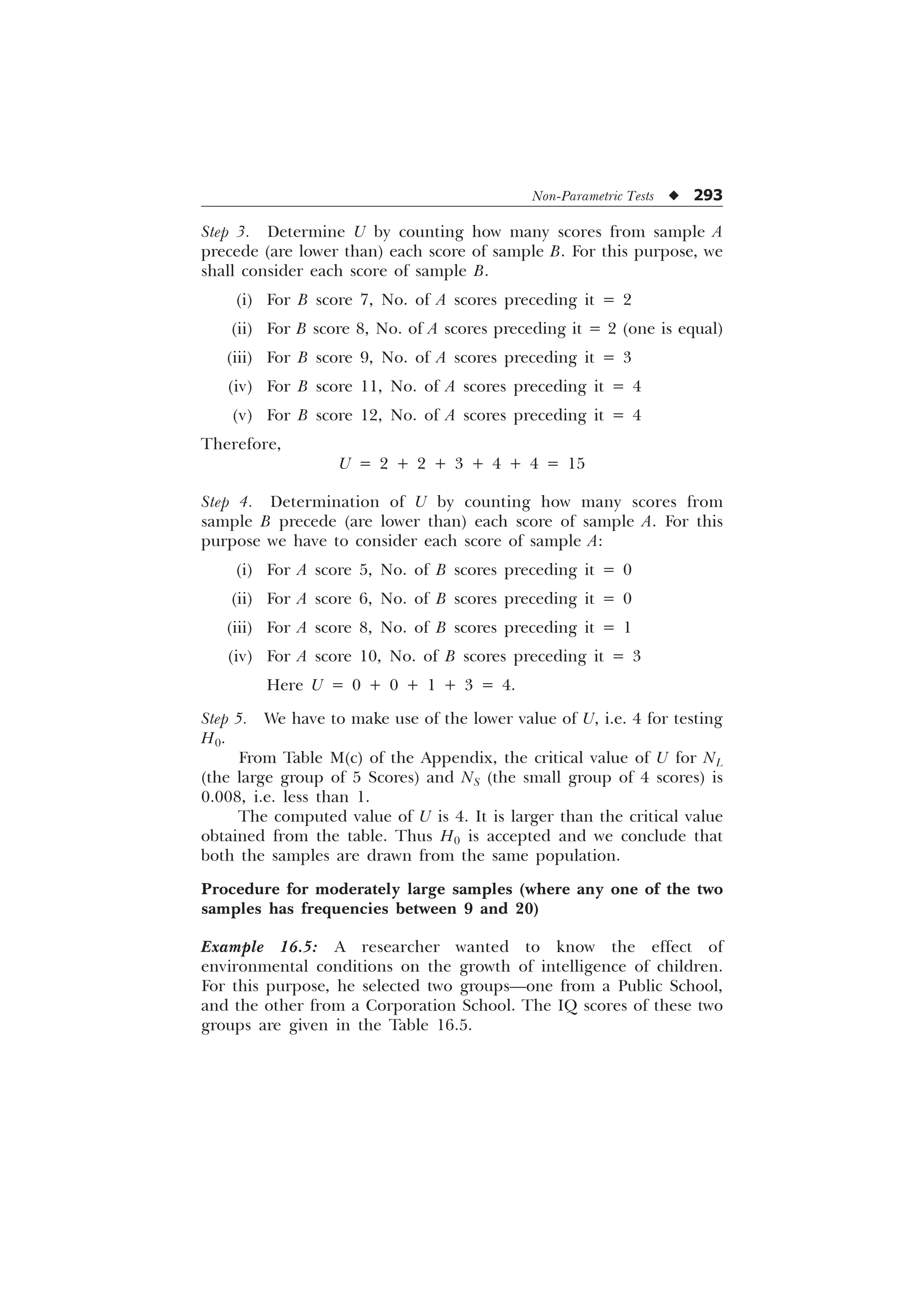 Non-Parametric Tests u 293
Step 3. Determine U by counting how many scores from sample A
precede (are lower than) each score of sample B. For this purpose, we
shall consider each score of sample B.
(i) For B score 7, No. of A scores preceding it = 2
(ii) For B score 8, No. of A scores preceding it = 2 (one is equal)
(iii) For B score 9, No. of A scores preceding it = 3
(iv) For B score 11, No. of A scores preceding it = 4
(v) For B score 12, No. of A scores preceding it = 4
Therefore,
U = 2 + 2 + 3 + 4 + 4 = 15
Step 4. Determination of U by counting how many scores from
sample B precede (are lower than) each score of sample A. For this
purpose we have to consider each score of sample A:
(i) For A score 5, No. of B scores preceding it = 0
(ii) For A score 6, No. of B scores preceding it = 0
(iii) For A score 8, No. of B scores preceding it = 1
(iv) For A score 10, No. of B scores preceding it = 3
Here U = 0 + 0 + 1 + 3 = 4.
Step 5. We have to make use of the lower value of U, i.e. 4 for testing
H0.
From Table M(c) of the Appendix, the critical value of U for NL
(the large group of 5 Scores) and NS (the small group of 4 scores) is
0.008, i.e. less than 1.
The computed value of U is 4. It is larger than the critical value
obtained from the table. Thus H0 is accepted and we conclude that
both the samples are drawn from the same population.
Procedure for moderately large samples (where any one of the two
samples has frequencies between 9 and 20)
Example 16.5: A researcher wanted to know the effect of
environmental conditions on the growth of intelligence of children.
For this purpose, he selected two groups—one from a Public School,
and the other from a Corporation School. The IQ scores of these two
groups are given in the Table 16.5.
 