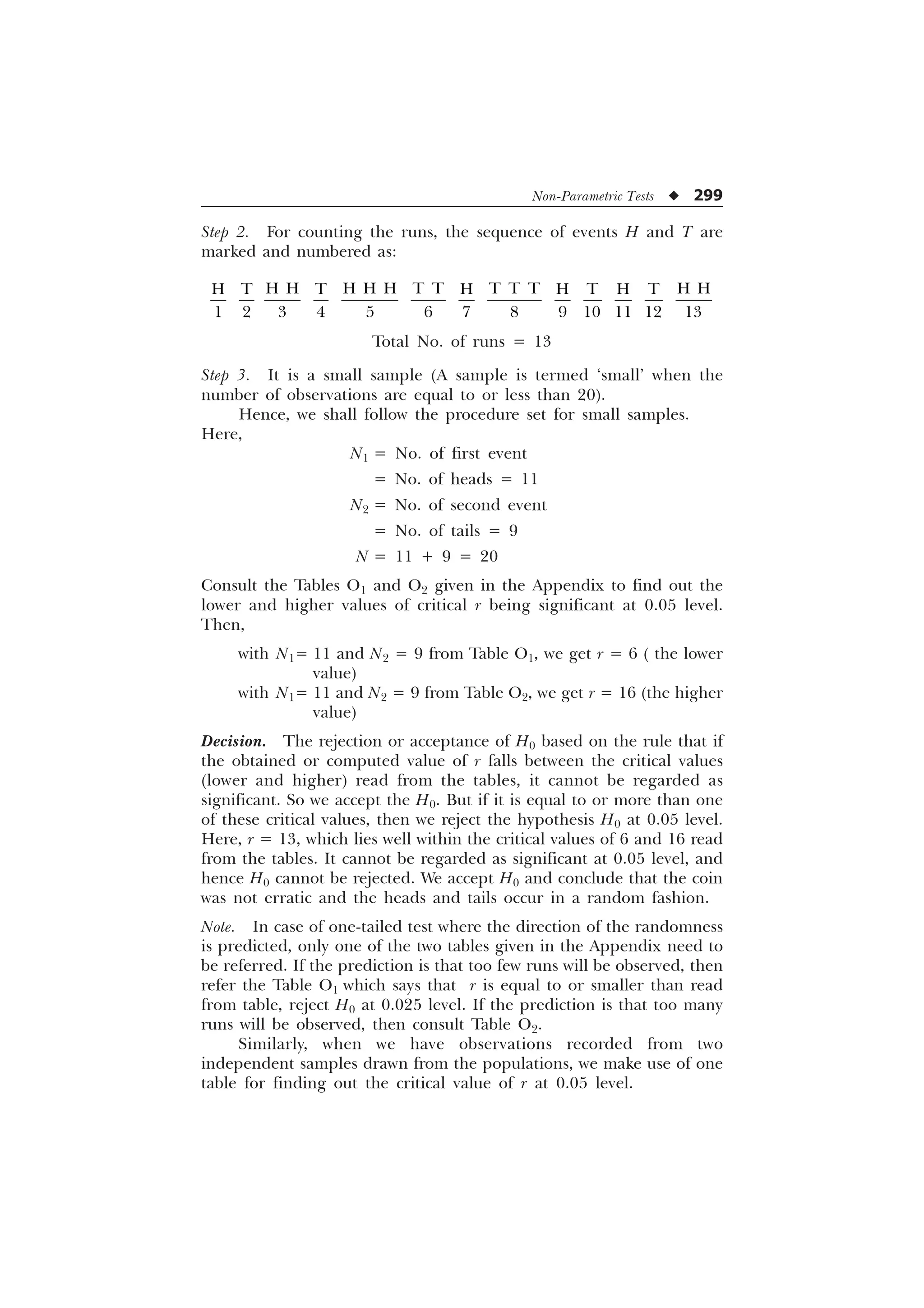 Non-Parametric Tests u 299
Step 2. For counting the runs, the sequence of events H and T are
marked and numbered as:
+ + + + + 7 7 7 7 7 + +
+ 7 7 + + 7 + 7
            
Total No. of runs = 13
Step 3. It is a small sample (A sample is termed ‘small’ when the
number of observations are equal to or less than 20).
Hence, we shall follow the procedure set for small samples.
Here,
N1 = No. of first event
= No. of heads = 11
N2 = No. of second event
= No. of tails = 9
N = 11 + 9 = 20
Consult the Tables O1 and O2 given in the Appendix to find out the
lower and higher values of critical r being significant at 0.05 level.
Then,
with N1= 11 and N2 = 9 from Table O1, we get r = 6 ( the lower
value)
with N1= 11 and N2 = 9 from Table O2, we get r = 16 (the higher
value)
Decision. The rejection or acceptance of H0 based on the rule that if
the obtained or computed value of r falls between the critical values
(lower and higher) read from the tables, it cannot be regarded as
significant. So we accept the H0. But if it is equal to or more than one
of these critical values, then we reject the hypothesis H0 at 0.05 level.
Here, r = 13, which lies well within the critical values of 6 and 16 read
from the tables. It cannot be regarded as significant at 0.05 level, and
hence H0 cannot be rejected. We accept H0 and conclude that the coin
was not erratic and the heads and tails occur in a random fashion.
Note. In case of one-tailed test where the direction of the randomness
is predicted, only one of the two tables given in the Appendix need to
be referred. If the prediction is that too few runs will be observed, then
refer the Table O1 which says that r is equal to or smaller than read
from table, reject H0 at 0.025 level. If the prediction is that too many
runs will be observed, then consult Table O2.
Similarly, when we have observations recorded from two
independent samples drawn from the populations, we make use of one
table for finding out the critical value of r at 0.05 level.
 