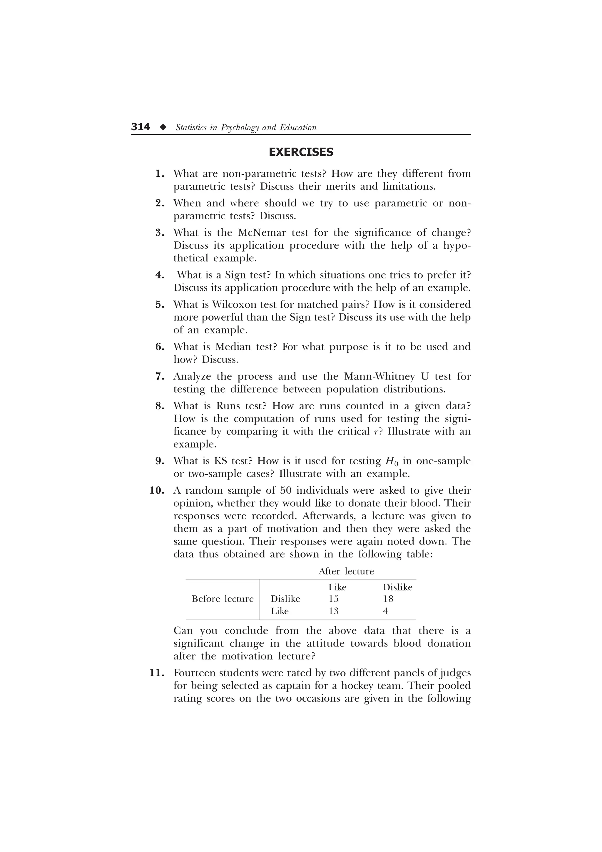314 u Statistics in Psychology and Education
EXERCISES
1. What are non-parametric tests? How are they different from
parametric tests? Discuss their merits and limitations.
2. When and where should we try to use parametric or non-
parametric tests? Discuss.
3. What is the McNemar test for the significance of change?
Discuss its application procedure with the help of a hypo-
thetical example.
4. What is a Sign test? In which situations one tries to prefer it?
Discuss its application procedure with the help of an example.
5. What is Wilcoxon test for matched pairs? How is it considered
more powerful than the Sign test? Discuss its use with the help
of an example.
6. What is Median test? For what purpose is it to be used and
how? Discuss.
7. Analyze the process and use the Mann-Whitney U test for
testing the difference between population distributions.
8. What is Runs test? How are runs counted in a given data?
How is the computation of runs used for testing the signi-
ficance by comparing it with the critical r? Illustrate with an
example.
9. What is KS test? How is it used for testing H0 in one-sample
or two-sample cases? Illustrate with an example.
10. A random sample of 50 individuals were asked to give their
opinion, whether they would like to donate their blood. Their
responses were recorded. Afterwards, a lecture was given to
them as a part of motivation and then they were asked the
same question. Their responses were again noted down. The
data thus obtained are shown in the following table:
After lecture
Like Dislike
Before lecture Dislike 15 18
Like 13 4
Can you conclude from the above data that there is a
significant change in the attitude towards blood donation
after the motivation lecture?
11. Fourteen students were rated by two different panels of judges
for being selected as captain for a hockey team. Their pooled
rating scores on the two occasions are given in the following
 