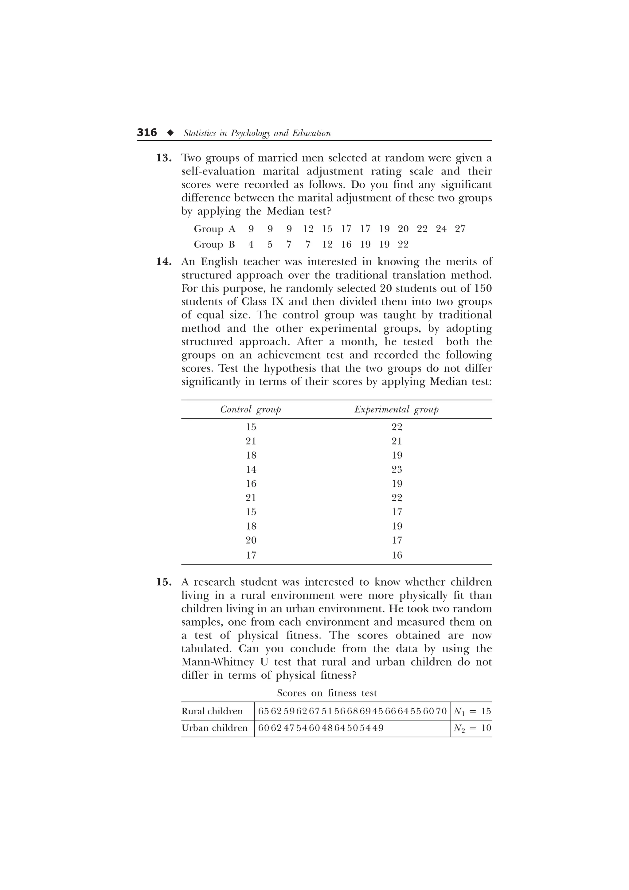 316 u Statistics in Psychology and Education
13. Two groups of married men selected at random were given a
self-evaluation marital adjustment rating scale and their
scores were recorded as follows. Do you find any significant
difference between the marital adjustment of these two groups
by applying the Median test?
Group A 9 9 9 12 15 17 17 19 20 22 24 27
Group B 4 5 7 7 12 16 19 19 22
14. An English teacher was interested in knowing the merits of
structured approach over the traditional translation method.
For this purpose, he randomly selected 20 students out of 150
students of Class IX and then divided them into two groups
of equal size. The control group was taught by traditional
method and the other experimental groups, by adopting
structured approach. After a month, he tested both the
groups on an achievement test and recorded the following
scores. Test the hypothesis that the two groups do not differ
significantly in terms of their scores by applying Median test:
Control group Experimental group
15 22
21 21
18 19
14 23
16 19
21 22
15 17
18 19
20 17
17 16
15. A research student was interested to know whether children
living in a rural environment were more physically fit than
children living in an urban environment. He took two random
samples, one from each environment and measured them on
a test of physical fitness. The scores obtained are now
tabulated. Can you conclude from the data by using the
Mann-Whitney U test that rural and urban children do not
differ in terms of physical fitness?
Scores on fitness test
Rural children 65 62 59 62 67 51 56 68 69 45 66 64 55 60 70 N1 = 15
Urban children 60 62 47 54 60 48 64 50 54 49 N2 = 10
 