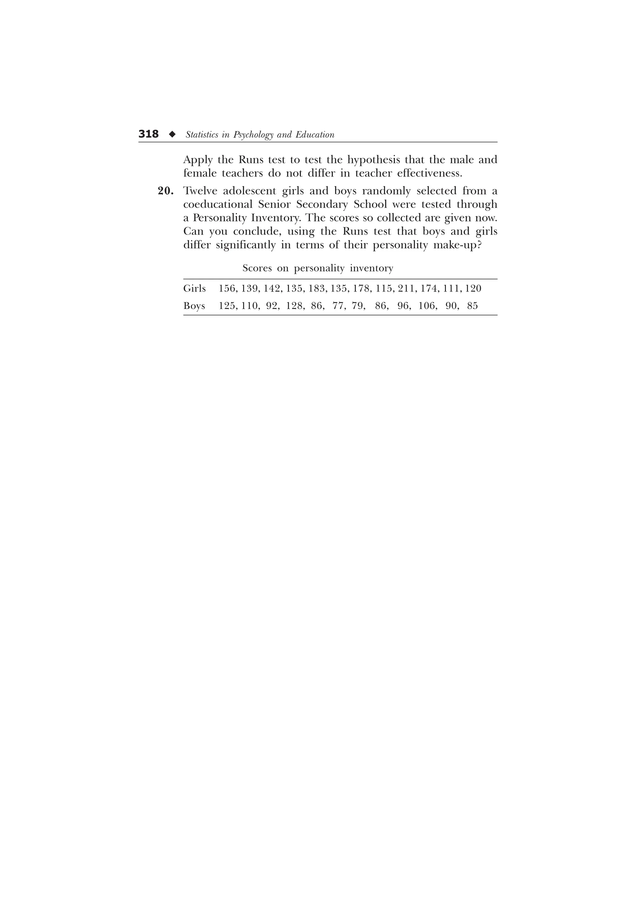318 u Statistics in Psychology and Education
Apply the Runs test to test the hypothesis that the male and
female teachers do not differ in teacher effectiveness.
20. Twelve adolescent girls and boys randomly selected from a
coeducational Senior Secondary School were tested through
a Personality Inventory. The scores so collected are given now.
Can you conclude, using the Runs test that boys and girls
differ significantly in terms of their personality make-up?
Scores on personality inventory
Girls 156, 139, 142, 135, 183, 135, 178, 115, 211, 174, 111, 120
Boys 125, 110, 92, 128, 86, 77, 79, 86, 96, 106, 90, 85
 