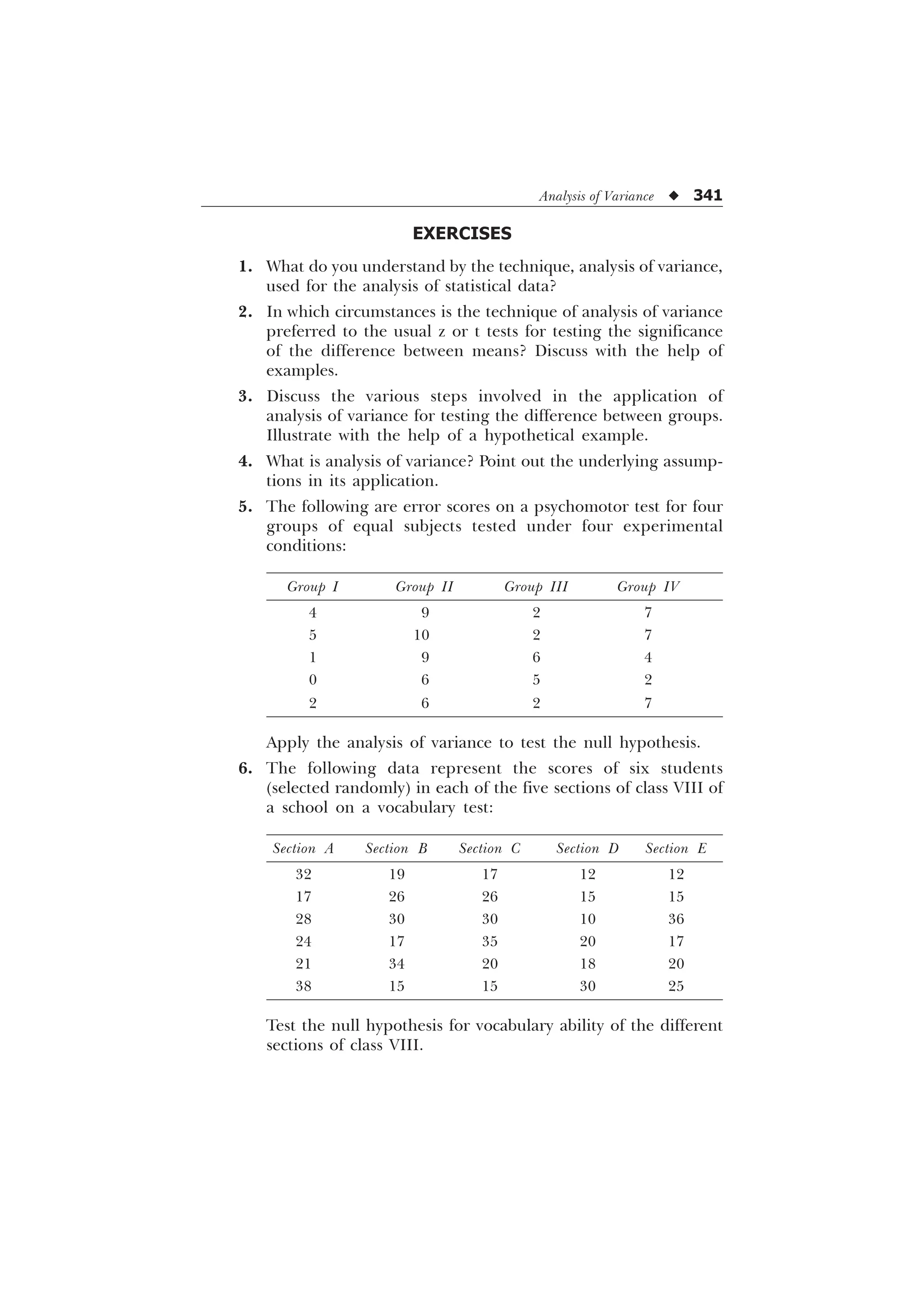 Analysis of Variance u 341
EXERCISES
1. What do you understand by the technique, analysis of variance,
used for the analysis of statistical data?
2. In which circumstances is the technique of analysis of variance
preferred to the usual z or t tests for testing the significance
of the difference between means? Discuss with the help of
examples.
3. Discuss the various steps involved in the application of
analysis of variance for testing the difference between groups.
Illustrate with the help of a hypothetical example.
4. What is analysis of variance? Point out the underlying assump-
tions in its application.
5. The following are error scores on a psychomotor test for four
groups of equal subjects tested under four experimental
conditions:
Group I Group II Group III Group IV
4 9 2 7
5 10 2 7
1 9 6 4
0 6 5 2
2 6 2 7
Apply the analysis of variance to test the null hypothesis.
6. The following data represent the scores of six students
(selected randomly) in each of the five sections of class VIII of
a school on a vocabulary test:
Section A Section B Section C Section D Section E
32 19 17 12 12
17 26 26 15 15
28 30 30 10 36
24 17 35 20 17
21 34 20 18 20
38 15 15 30 25
Test the null hypothesis for vocabulary ability of the different
sections of class VIII.
 
