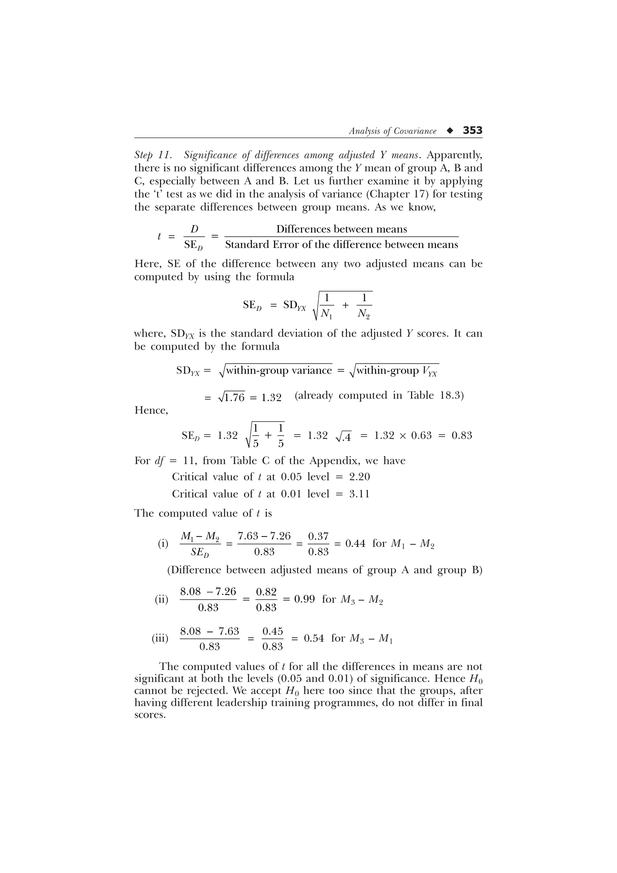 Analysis of Covariance u 353
Step 11. Significance of differences among adjusted Y means. Apparently,
there is no significant differences among the Y mean of group A, B and
C, especially between A and B. Let us further examine it by applying
the ‘t’ test as we did in the analysis of variance (Chapter 17) for testing
the separate differences between group means. As we know,
'LIIHUHQFHVEHWZHHQPHDQV
   
6( 6WDQGDUG(UURURIWKHGLIIHUHQFHEHWZHHQPHDQV
'
'
W
Here, SE of the difference between any two adjusted means can be
computed by using the formula
 
 
6(  6'   
' ;
1 1

where, SDYX is the standard deviation of the adjusted Y scores. It can
be computed by the formula
SDYX = ZLWKLQJURXSYDULDQFH  ZLWKLQJURXS ;
9
   (already computed in Table 18.3)
Hence,
SED = 1.32
 

 
= 1.32  = 1.32 ´ 0.63 = 0.83
For df = 11, from Table C of the Appendix, we have
Critical value of t at 0.05 level = 2.20
Critical value of t at 0.01 level = 3.11
The computed value of t is
(i)     

 
'
0 0
6(
 
for M1 – M2
(Difference between adjusted means of group A and group B)
(ii)

  
   
 
for M3 – M2
(iii)

  
   
 
for M3 – M1
The computed values of t for all the differences in means are not
significant at both the levels (0.05 and 0.01) of significance. Hence H0
cannot be rejected. We accept H0 here too since that the groups, after
having different leadership training programmes, do not differ in final
scores.
 