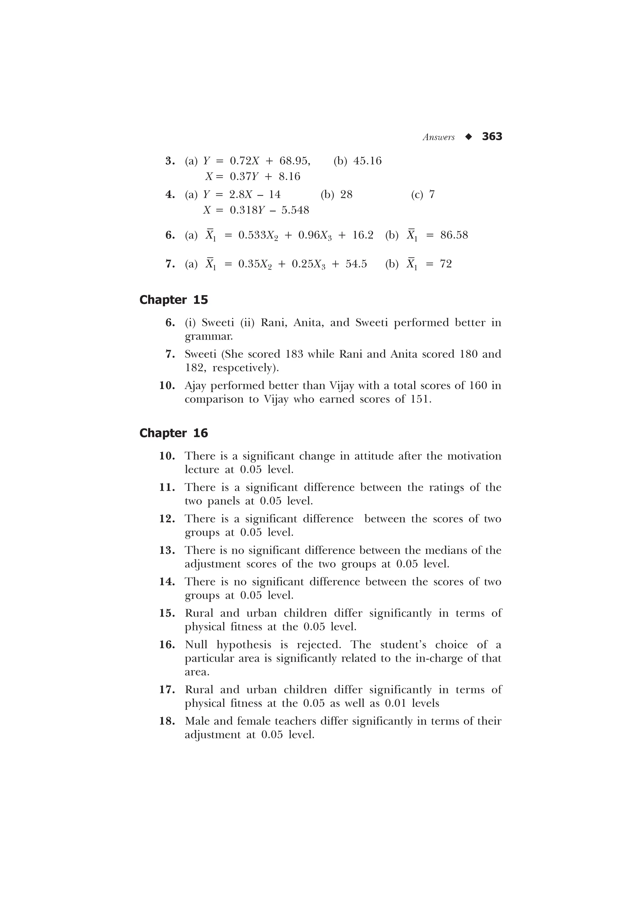 3. (a) Y = 0.72X + 68.95, (b) 45.16
X = 0.37Y + 8.16
4. (a) Y = 2.8X – 14 (b) 28 (c) 7
X = 0.318Y – 5.548
6. (a) 
; = 0.533X2 + 0.96X3 + 16.2 (b) 
; = 86.58
7. (a) 
; = 0.35X2 + 0.25X3 + 54.5 (b) 
; = 72
Chapter 15
6. (i) Sweeti (ii) Rani, Anita, and Sweeti performed better in
grammar.
7. Sweeti (She scored 183 while Rani and Anita scored 180 and
182, respcetively).
10. Ajay performed better than Vijay with a total scores of 160 in
comparison to Vijay who earned scores of 151.
Chapter 16
10. There is a significant change in attitude after the motivation
lecture at 0.05 level.
11. There is a significant difference between the ratings of the
two panels at 0.05 level.
12. There is a significant difference between the scores of two
groups at 0.05 level.
13. There is no significant difference between the medians of the
adjustment scores of the two groups at 0.05 level.
14. There is no significant difference between the scores of two
groups at 0.05 level.
15. Rural and urban children differ significantly in terms of
physical fitness at the 0.05 level.
16. Null hypothesis is rejected. The student’s choice of a
particular area is significantly related to the in-charge of that
area.
17. Rural and urban children differ significantly in terms of
physical fitness at the 0.05 as well as 0.01 levels
18. Male and female teachers differ significantly in terms of their
adjustment at 0.05 level.
Answers u 363
 