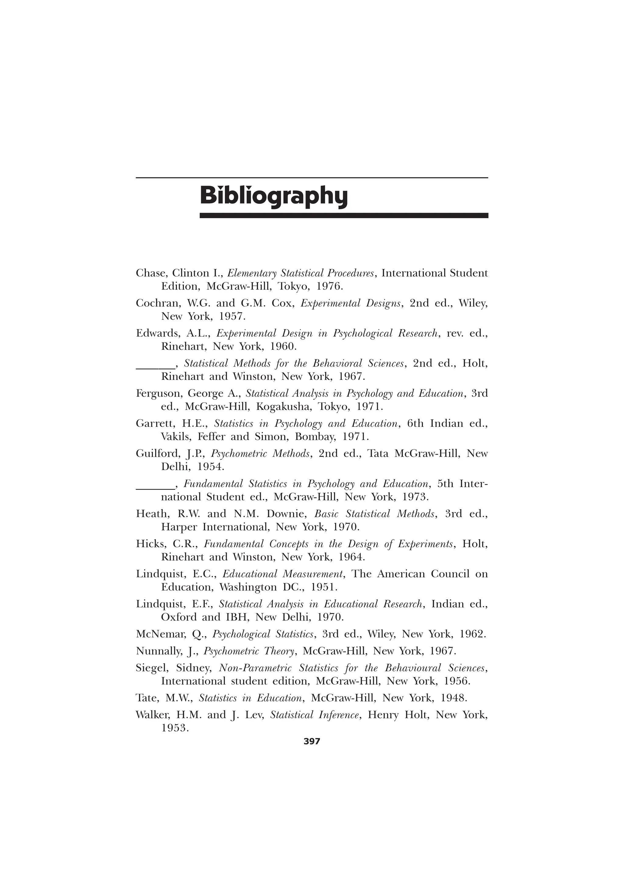 Bibliography
397
Chase, Clinton I., Elementary Statistical Procedures, International Student
Edition, McGraw-Hill, Tokyo, 1976.
Cochran, W.G. and G.M. Cox, Experimental Designs, 2nd ed., Wiley,
New York, 1957.
Edwards, A.L., Experimental Design in Psychological Research, rev. ed.,
Rinehart, New York, 1960.
_______, Statistical Methods for the Behavioral Sciences, 2nd ed., Holt,
Rinehart and Winston, New York, 1967.
Ferguson, George A., Statistical Analysis in Psychology and Education, 3rd
ed., McGraw-Hill, Kogakusha, Tokyo, 1971.
Garrett, H.E., Statistics in Psychology and Education, 6th Indian ed.,
Vakils, Feffer and Simon, Bombay, 1971.
Guilford, J.P., Psychometric Methods, 2nd ed., Tata McGraw-Hill, New
Delhi, 1954.
_______, Fundamental Statistics in Psychology and Education, 5th Inter-
national Student ed., McGraw-Hill, New York, 1973.
Heath, R.W. and N.M. Downie, Basic Statistical Methods, 3rd ed.,
Harper International, New York, 1970.
Hicks, C.R., Fundamental Concepts in the Design of Experiments, Holt,
Rinehart and Winston, New York, 1964.
Lindquist, E.C., Educational Measurement, The American Council on
Education, Washington DC., 1951.
Lindquist, E.F., Statistical Analysis in Educational Research, Indian ed.,
Oxford and IBH, New Delhi, 1970.
McNemar, Q., Psychological Statistics, 3rd ed., Wiley, New York, 1962.
Nunnally, J., Psychometric Theory, McGraw-Hill, New York, 1967.
Siegel, Sidney, Non-Parametric Statistics for the Behavioural Sciences,
International student edition, McGraw-Hill, New York, 1956.
Tate, M.W., Statistics in Education, McGraw-Hill, New York, 1948.
Walker, H.M. and J. Lev, Statistical Inference, Henry Holt, New York,
1953.
 