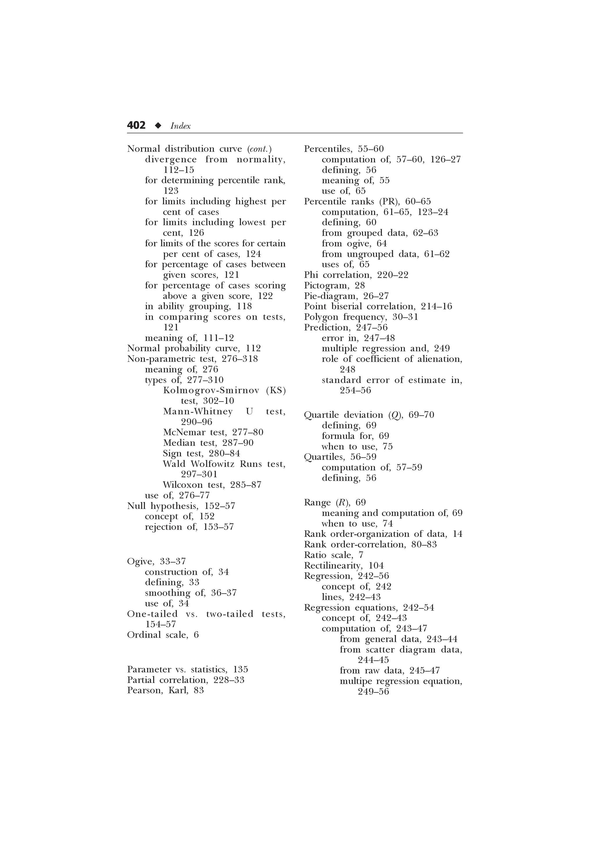 402 u Index
Normal distribution curve (cont.)
divergence from normality,
112–15
for determining percentile rank,
123
for limits including highest per
cent of cases
for limits including lowest per
cent, 126
for limits of the scores for certain
per cent of cases, 124
for percentage of cases between
given scores, 121
for percentage of cases scoring
above a given score, 122
in ability grouping, 118
in comparing scores on tests,
121
meaning of, 111–12
Normal probability curve, 112
Non-parametric test, 276–318
meaning of, 276
types of, 277–310
Kolmogrov-Smirnov (KS)
test, 302–10
Mann-Whitney U test,
290–96
McNemar test, 277–80
Median test, 287–90
Sign test, 280–84
Wald Wolfowitz Runs test,
297–301
Wilcoxon test, 285–87
use of, 276–77
Null hypothesis, 152–57
concept of, 152
rejection of, 153–57
Ogive, 33–37
construction of, 34
defining, 33
smoothing of, 36–37
use of, 34
One-tailed vs. two-tailed tests,
154–57
Ordinal scale, 6
Parameter vs. statistics, 135
Partial correlation, 228–33
Pearson, Karl, 83
Percentiles, 55–60
computation of, 57–60, 126–27
defining, 56
meaning of, 55
use of, 65
Percentile ranks (PR), 60–65
computation, 61–65, 123–24
defining, 60
from grouped data, 62–63
from ogive, 64
from ungrouped data, 61–62
uses of, 65
Phi correlation, 220–22
Pictogram, 28
Pie-diagram, 26–27
Point biserial correlation, 214–16
Polygon frequency, 30–31
Prediction, 247–56
error in, 247–48
multiple regression and, 249
role of coefficient of alienation,
248
standard error of estimate in,
254–56
Quartile deviation (Q), 69–70
defining, 69
formula for, 69
when to use, 75
Quartiles, 56–59
computation of, 57–59
defining, 56
Range (R), 69
meaning and computation of, 69
when to use, 74
Rank order-organization of data, 14
Rank order-correlation, 80–83
Ratio scale, 7
Rectilinearity, 104
Regression, 242–56
concept of, 242
lines, 242–43
Regression equations, 242–54
concept of, 242–43
computation of, 243–47
from general data, 243–44
from scatter diagram data,
244–45
from raw data, 245–47
multipe regression equation,
249–56
 