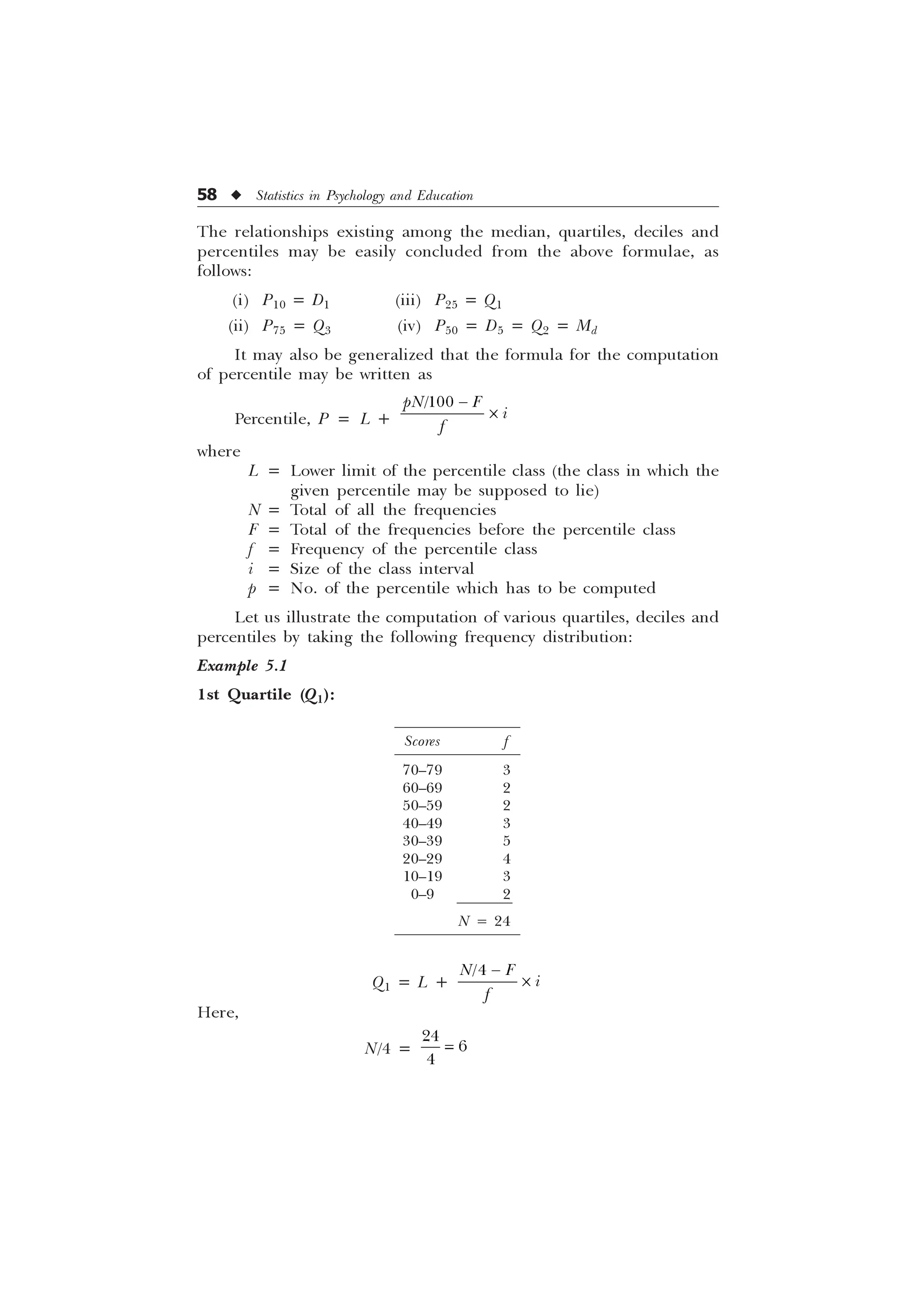 58 u Statistics in Psychology and Education
The relationships existing among the median, quartiles, deciles and
percentiles may be easily concluded from the above formulae, as
follows:
(i) P10 = D1 (iii) P25 = Q1
(ii) P75 = Q3 (iv) P50 = D5 = Q2 = Md
It may also be generalized that the formula for the computation
of percentile may be written as
Percentile, P = L +

S1 )
L
I

–
where
L = Lower limit of the percentile class (the class in which the
given percentile may be supposed to lie)
N = Total of all the frequencies
F = Total of the frequencies before the percentile class
f = Frequency of the percentile class
i = Size of the class interval
p = No. of the percentile which has to be computed
Let us illustrate the computation of various quartiles, deciles and
percentiles by taking the following frequency distribution:
Example 5.1
1st Quartile (Q1):
Q1 = L +

1 ) L
I

–
Here,
N/4 =



Scores f
70–79 3
60–69 2
50–59 2
40–49 3
30–39 5
20–29 4
10–19 3
0–9 2
N = 24
 