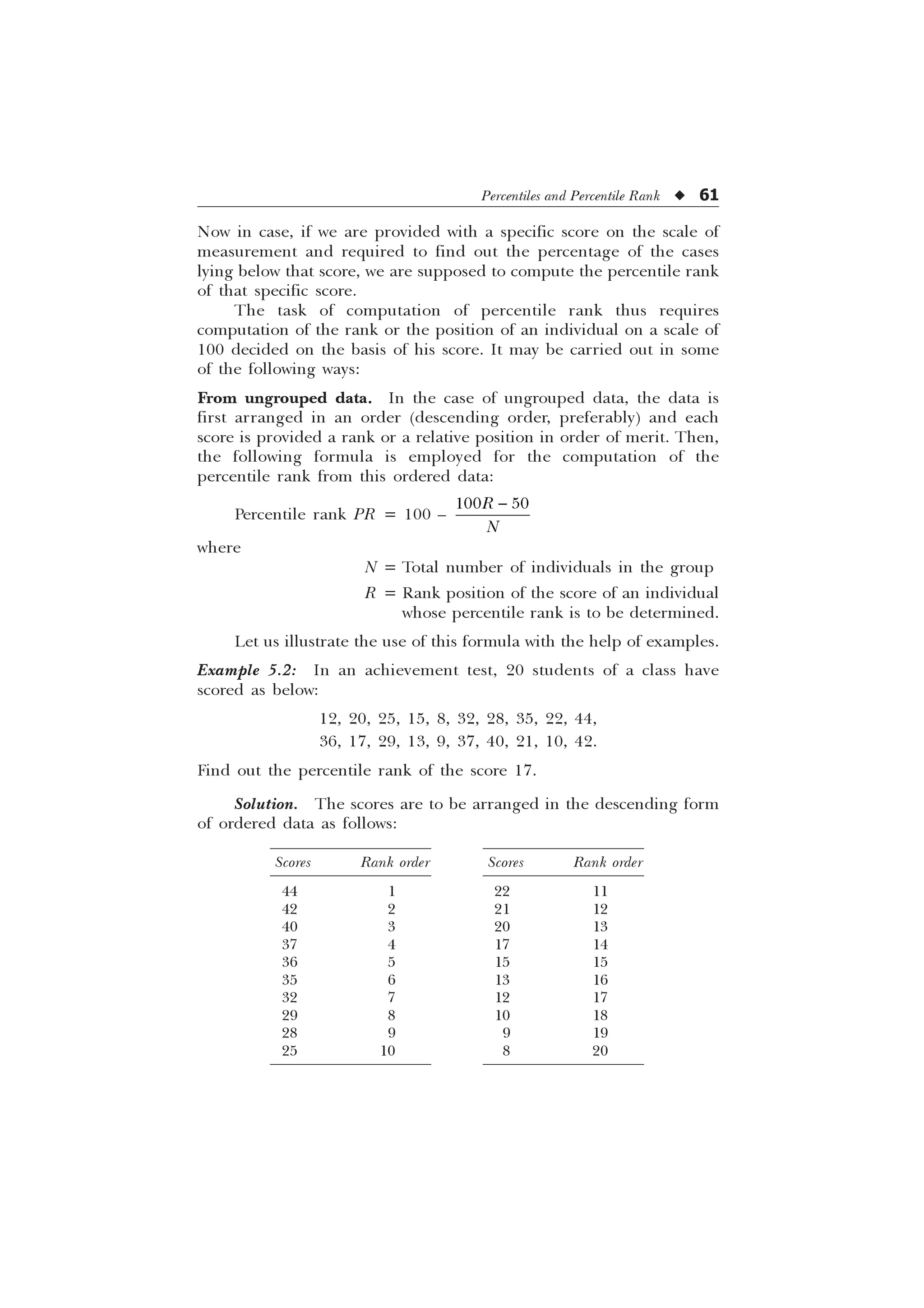 Percentiles and Percentile Rank u 61
Now in case, if we are provided with a specific score on the scale of
measurement and required to find out the percentage of the cases
lying below that score, we are supposed to compute the percentile rank
of that specific score.
The task of computation of percentile rank thus requires
computation of the rank or the position of an individual on a scale of
100 decided on the basis of his score. It may be carried out in some
of the following ways:
From ungrouped data. In the case of ungrouped data, the data is
first arranged in an order (descending order, preferably) and each
score is provided a rank or a relative position in order of merit. Then,
the following formula is employed for the computation of the
percentile rank from this ordered data:
Percentile rank PR = 100 –
 
5
1

where
N = Total number of individuals in the group
R = Rank position of the score of an individual
whose percentile rank is to be determined.
Let us illustrate the use of this formula with the help of examples.
Example 5.2: In an achievement test, 20 students of a class have
scored as below:
12, 20, 25, 15, 8, 32, 28, 35, 22, 44,
36, 17, 29, 13, 9, 37, 40, 21, 10, 42.
Find out the percentile rank of the score 17.
Solution. The scores are to be arranged in the descending form
of ordered data as follows:
Scores Rank order
44 1
42 2
40 3
37 4
36 5
35 6
32 7
29 8
28 9
25 10
Scores Rank order
22 11
21 12
20 13
17 14
15 15
13 16
12 17
10 18
9 19
8 20
 