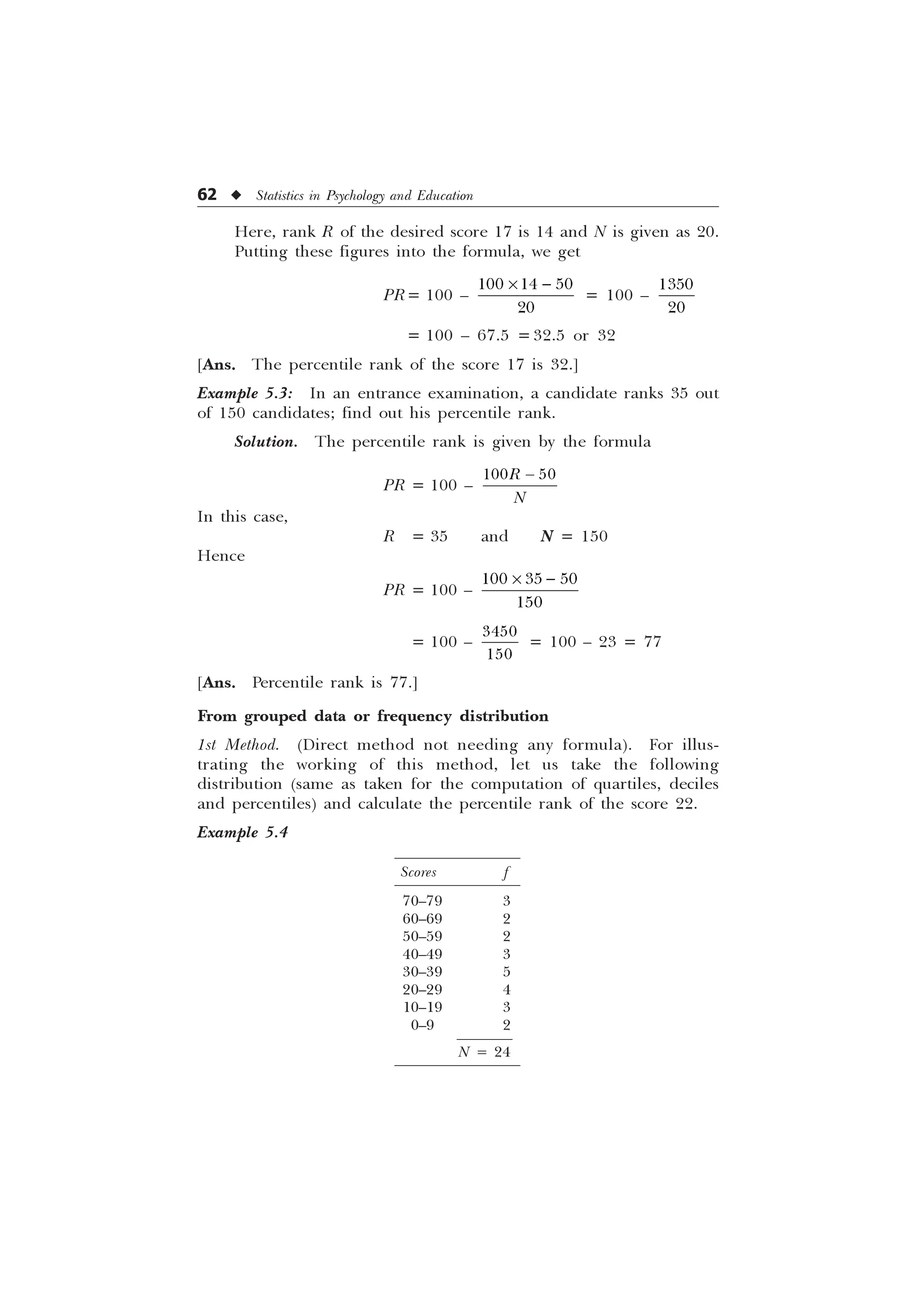 62 u Statistics in Psychology and Education
Here, rank R of the desired score 17 is 14 and N is given as 20.
Putting these figures into the formula, we get
PR= 100 –
  

– 
= 100 –


= 100 – 67.5 =32.5 or 32
[Ans. The percentile rank of the score 17 is 32.]
Example 5.3: In an entrance examination, a candidate ranks 35 out
of 150 candidates; find out his percentile rank.
Solution. The percentile rank is given by the formula
PR = 100 –
 
5
1

In this case,
R = 35 and N = 150
Hence
PR = 100 –
  

– 
= 100 –


= 100 – 23 = 77
[Ans. Percentile rank is 77.]
From grouped data or frequency distribution
1st Method. (Direct method not needing any formula). For illus-
trating the working of this method, let us take the following
distribution (same as taken for the computation of quartiles, deciles
and percentiles) and calculate the percentile rank of the score 22.
Example 5.4
Scores f
70–79 3
60–69 2
50–59 2
40–49 3
30–39 5
20–29 4
10–19 3
0–9 2
N = 24
 