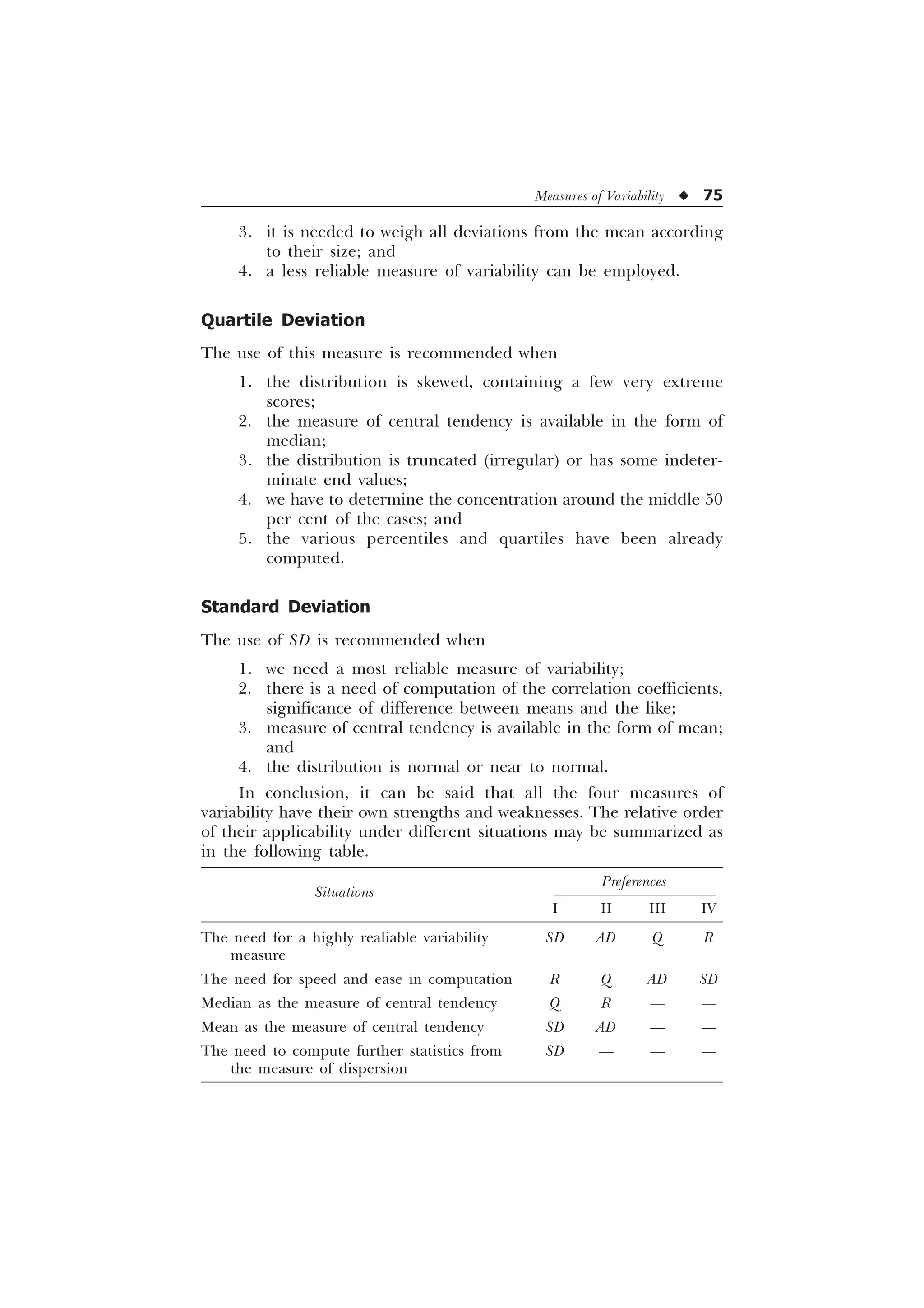 Measures of Variability u 75
3. it is needed to weigh all deviations from the mean according
to their size; and
4. a less reliable measure of variability can be employed.
Quartile Deviation
The use of this measure is recommended when
1. the distribution is skewed, containing a few very extreme
scores;
2. the measure of central tendency is available in the form of
median;
3. the distribution is truncated (irregular) or has some indeter-
minate end values;
4. we have to determine the concentration around the middle 50
per cent of the cases; and
5. the various percentiles and quartiles have been already
computed.
Standard Deviation
The use of SD is recommended when
1. we need a most reliable measure of variability;
2. there is a need of computation of the correlation coefficients,
significance of difference between means and the like;
3. measure of central tendency is available in the form of mean;
and
4. the distribution is normal or near to normal.
In conclusion, it can be said that all the four measures of
variability have their own strengths and weaknesses. The relative order
of their applicability under different situations may be summarized as
in the following table.
Situations
Preferences
I II III IV
The need for a highly realiable variability SD AD Q R
measure
The need for speed and ease in computation R Q AD SD
Median as the measure of central tendency Q R — —
Mean as the measure of central tendency SD AD — —
The need to compute further statistics from SD — — —
the measure of dispersion
 