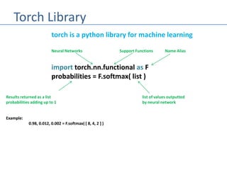 Torch Library
torch is a python library for machine learning
Neural Networks Support Functions Name Alias
import torch.nn.functional as F
probabilities = F.softmax( list )
Results returned as a list list of values outputted
probabilities adding up to 1 by neural network
Example:
0.98, 0.012, 0.002 = F.softmax( [ 8, 4, 2 ] )
 