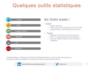 Quelques outils statistiques
http://fr.linkedin.com/in/paulcolombo/ @Polo_Seo
Google Analytics
Jetpack
Xiti
Wysistat
Piwik
Omniture
Six Outils testés !
• Gratuit
• Jetpack : Worpress
• Piwik : Open source et pratique contre les IT et DEV
• Google Analytics : Parfait sauf pour les gros sites
• Payant
• Wysistat** : Des stats qui s’ouvrent en pop up
• Xiti** : Fait le job, interface un peu vieillissante
• Omniture : Machine de guerre mais compliqué à
paramétrer
**label OJD obtenir la certification des résultats de fréquentation de leur site et ainsi de communiquer sur
des données chiffrées irréfutables et reconnues par le marché absent dans GG analytics
 