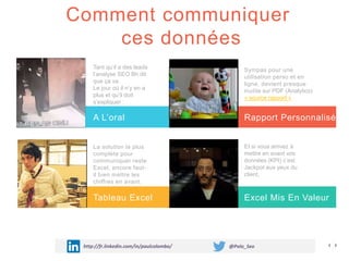 Comment communiquer
ces données
A L’oral
Tableau Excel
Rapport Personnalisé
Excel Mis En Valeur
Tant qu’il a des leads
l’analyse SEO Bh dit
que ça va.
Le jour où il n’y en a
plus et qu’il doit
s’expliquer :
La solution la plus
complète pour
communiquer reste
Excel, encore faut-
il bien mettre les
chiffres en avant.
Sympas pour une
utilisation perso et en
ligne, devient presque
inutile sur PDF (Analytics)
« source rapport »
Et si vous arrivez à
mettre en avant vos
données (KPI) c’est
Jackpot aux yeux du
client,
http://fr.linkedin.com/in/paulcolombo/ @Polo_Seo
 