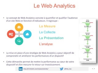 Le Web Analytics
http://fr.linkedin.com/in/paulcolombo/ @Polo_Seo
• Le concept de Web Analytics consiste à quantifier et qualifier l’audience
d’un site Web en fonction d’indicateurs. Il regroupe :
• La mise en place d’une stratégie de Web Analytics a pour objectif de
comprendre et améliorer les performances d’un dispositif
• Cette démarche permet de mettre la performance au cœur de votre
dispositif et d’en mesurer le retour sur investissement.
La Mesure
La Collecte
La Présentation
L’analyse
 