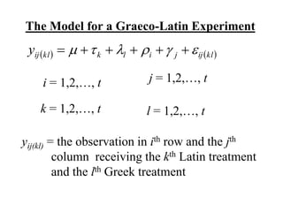 The Model for a Graeco-Latin Experiment
   
kl
ij
j
i
l
k
kl
ij
y 




 





i = 1,2,…, t j = 1,2,…, t
yij(kl) = the observation in ith row and the jth
column receiving the kth Latin treatment
and the lth Greek treatment
k = 1,2,…, t l = 1,2,…, t
 