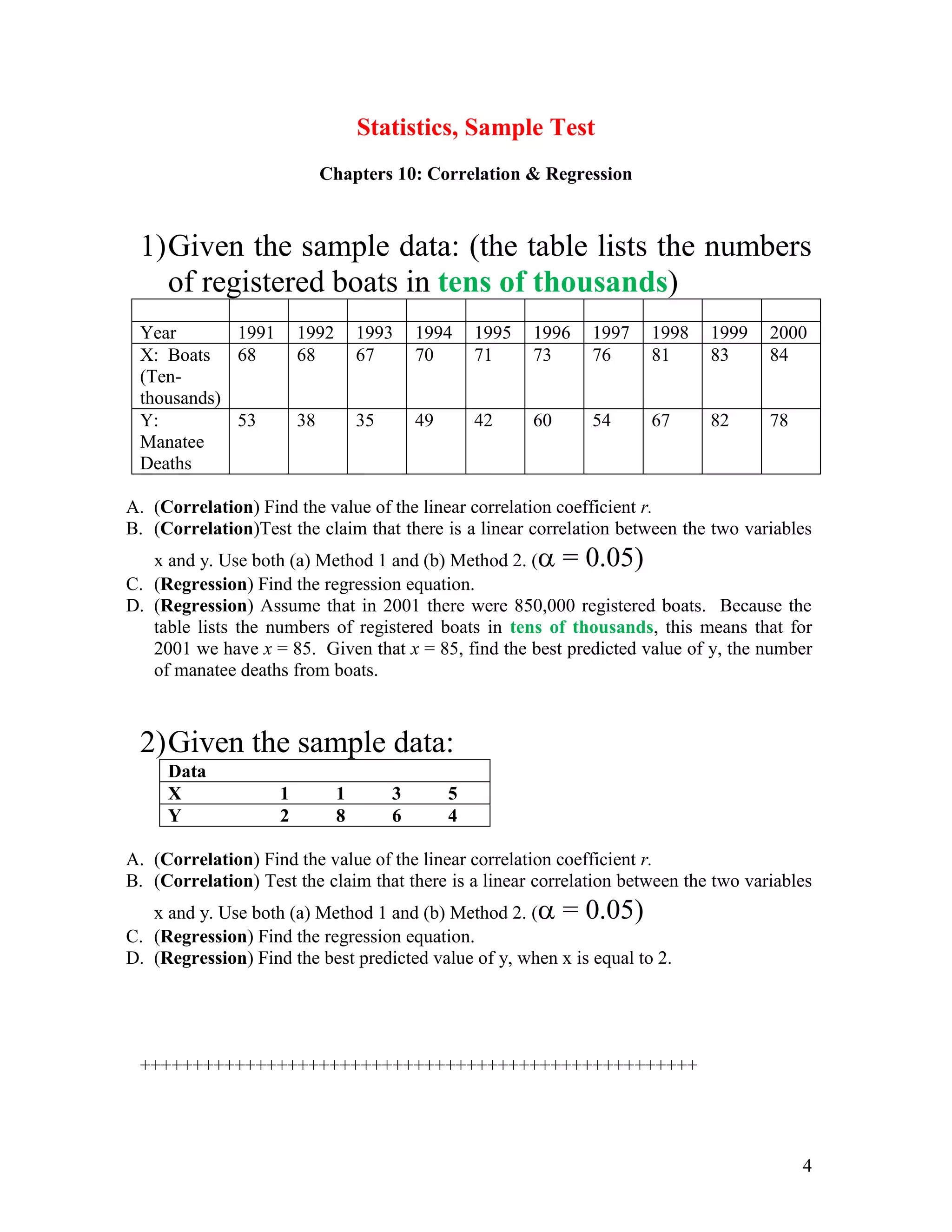 4
Statistics, Sample Test
Chapters 10: Correlation & Regression
1)Given the sample data: (the table lists the numbers
of registered boats in tens of thousands)
Year 1991 1992 1993 1994 1995 1996 1997 1998 1999 2000
X: Boats
(Ten-
thousands)
68 68 67 70 71 73 76 81 83 84
Y:
Manatee
Deaths
53 38 35 49 42 60 54 67 82 78
A. (Correlation) Find the value of the linear correlation coefficient r.
B. (Correlation)Test the claim that there is a linear correlation between the two variables
x and y. Use both (a) Method 1 and (b) Method 2. ( = 0.05)
C. (Regression) Find the regression equation.
D. (Regression) Assume that in 2001 there were 850,000 registered boats. Because the
table lists the numbers of registered boats in tens of thousands, this means that for
2001 we have x = 85. Given that x = 85, find the best predicted value of y, the number
of manatee deaths from boats.
2)Given the sample data:
Data
X 1 1 3 5
Y 2 8 6 4
A. (Correlation) Find the value of the linear correlation coefficient r.
B. (Correlation) Test the claim that there is a linear correlation between the two variables
x and y. Use both (a) Method 1 and (b) Method 2. ( = 0.05)
C. (Regression) Find the regression equation.
D. (Regression) Find the best predicted value of y, when x is equal to 2.
+++++++++++++++++++++++++++++++++++++++++++++++++++++
 