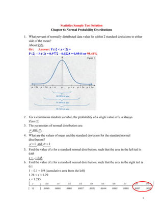 1
Statistics Sample Test Solution
Chapter 6: Normal Probability Distributions
1. What percent of normally distributed data value lie within 2 standard deviations to either
side of the mean?
About 95%
Or: Answer: P (-2 < z < 2) =
P (2) – P (-2) = 0.9772 – 0.0228 = 0.9544 or 95.44%
2. For a continuous random variable, the probability of a single value of x is always
Zero (0)
3. The parameters of normal distribution are:
 and  .
4. What are the values of mean and the standard deviation for the standard normal
distribution?
0
 = and 1
 =
5. Find the value of z for a standard normal distribution, such that the area in the left tail is
0.05
z = –1.645
6. Find the value of z for a standard normal distribution, such that the area in the right tail is
0.1
1 – 0.1 = 0.9 (cumulative area from the left)
1.28 < z < 1.29
z = 1.285
 