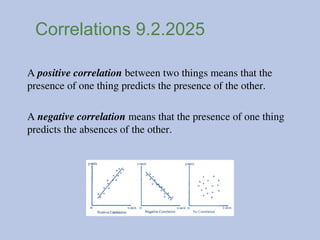 Correlations 9.2.2025
A positive correlation between two things means that the
presence of one thing predicts the presence of the other.
A negative correlation means that the presence of one thing
predicts the absences of the other.
 