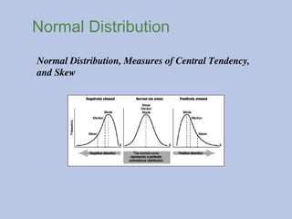Normal Distribution
Normal Distribution, Measures of Central Tendency,
and Skew
 