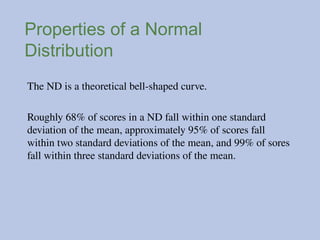 Properties of a Normal
Distribution
The ND is a theoretical bell-shaped curve.
Roughly 68% of scores in a ND fall within one standard
deviation of the mean, approximately 95% of scores fall
within two standard deviations of the mean, and 99% of sores
fall within three standard deviations of the mean.
 
