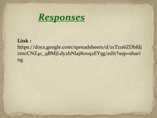 Responses
Link :
https://docs.google.com/spreadsheets/d/1xTz116ZDbfdj
zmcCNZ4c_9BMjLdy2hNlaj80o92EY5g/edit?usp=shari
ng
 
