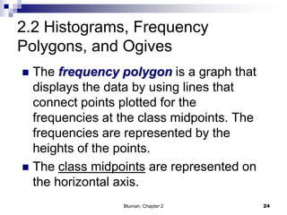 2.2 Histograms, Frequency
Polygons, and Ogives
 The frequency polygon is a graph that
displays the data by using lines that
connect points plotted for the
frequencies at the class midpoints. The
frequencies are represented by the
heights of the points.
 The class midpoints are represented on
the horizontal axis.
24Bluman, Chapter 2
 