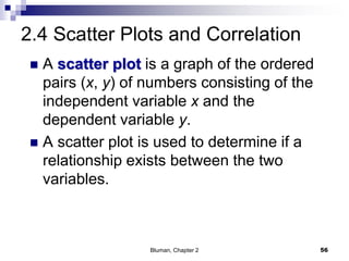 2.4 Scatter Plots and Correlation
 A scatter plot is a graph of the ordered
pairs (x, y) of numbers consisting of the
independent variable x and the
dependent variable y.
 A scatter plot is used to determine if a
relationship exists between the two
variables.
Bluman, Chapter 2 56
 