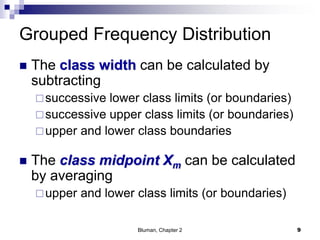 Grouped Frequency Distribution
 The class width can be calculated by
subtracting
successive lower class limits (or boundaries)
successive upper class limits (or boundaries)
upper and lower class boundaries
 The class midpoint Xm can be calculated
by averaging
upper and lower class limits (or boundaries)
9Bluman, Chapter 2
 