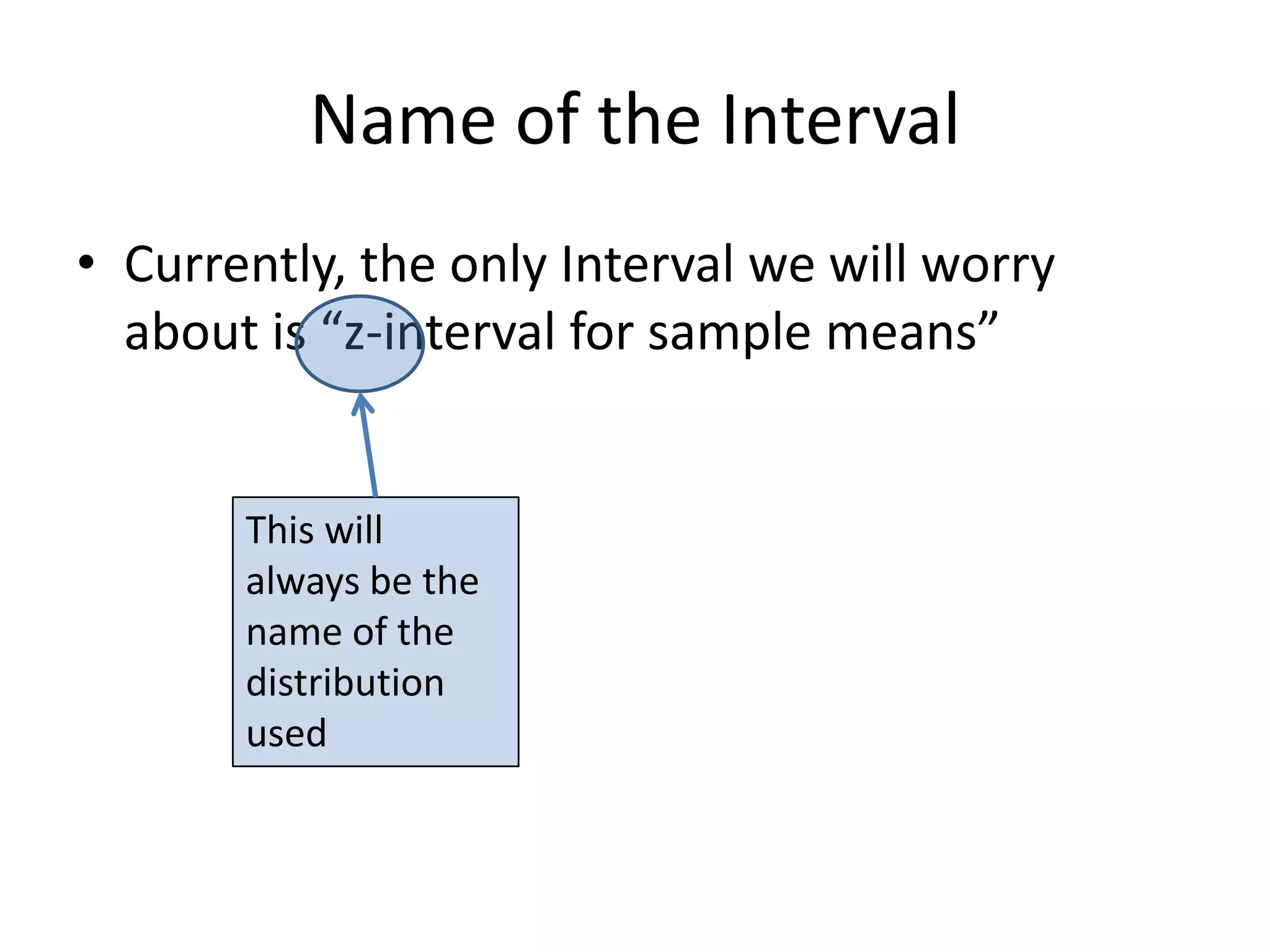Name of the IntervalCurrently, the only Interval we will worry about is “z-interval for sample means”This will always be the name of the distribution used