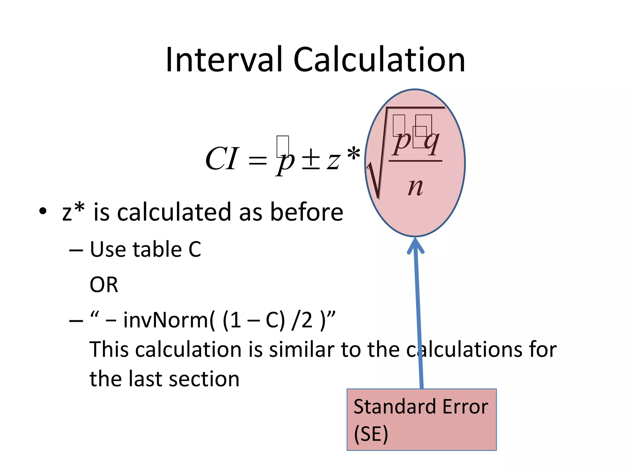 Interval Calculationz* is calculated as beforeUse table C	OR“ − invNorm( (1 – C) /2 )”This calculation is similar to the calculations for the last sectionStandard Error(SE)