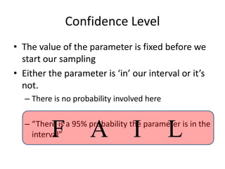 Confidence LevelThe value of the parameter is fixed before we start our samplingEither the parameter is ‘in’ our interval or it’s not.There is no probability involved here“There is a 95% probability the parameter is in the interval”F   A   I   L
