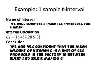 Example: 1 sample t-intervalName of Interval	‘We will compute a 1-sample t-interval for a mean’Interval CalculationConclusion	‘We are 95% confident that the mean amount of vitamin C in a unit of CSB produced in the factory is between 16.487 and 28.513 mg/100 g’