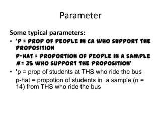 ParameterSome typical parameters:‘p = prop of people in CA who support the proposition	p-hat = proportion of people in a sample n = 35 who support the proposition’‘p = prop of students at THS who ride the bus	p-hat = propotion of students in  a sample (n = 14) from THS who ride the bus