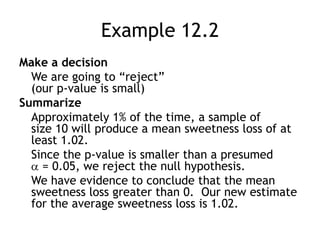 Example 12.2Make a decisionWe are going to “reject” (our p-value is small)SummarizeApproximately 1% of the time, a sample of size 10 will produce a mean sweetness loss of at least 1.02.Since the p-value is smaller than a presumed  = 0.05, we reject the null hypothesis.We have evidence to conclude that the mean sweetness loss greater than 0.  Our new estimate for the average sweetness loss is 1.02.